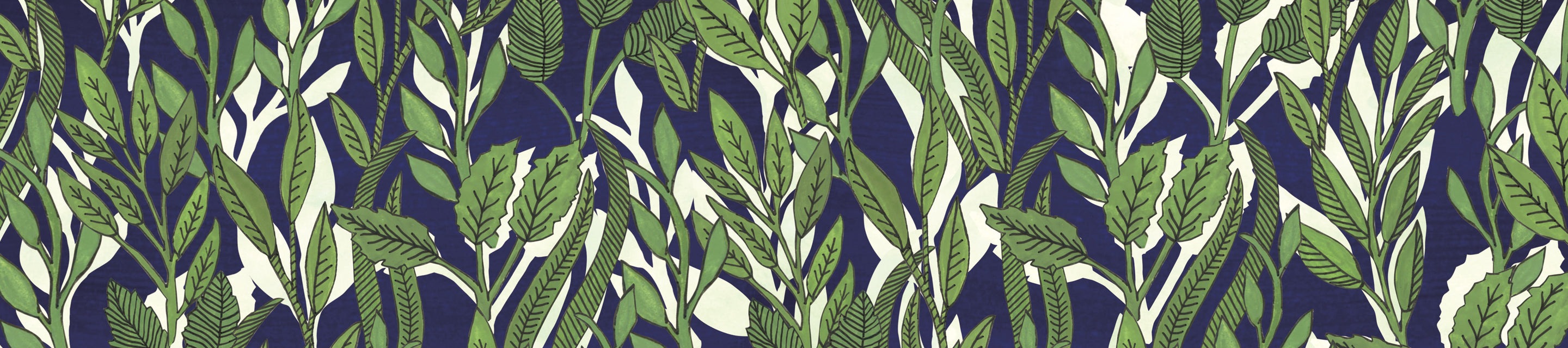 Pattern of overlapping green leaves and tall grass with dark blue background, creating a dense, nature-inspired design. The leaves are detailed with visible veins and variation in green shades.