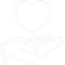 white icon with a hand and a heart symbolizing Greenleaf's give back initiative