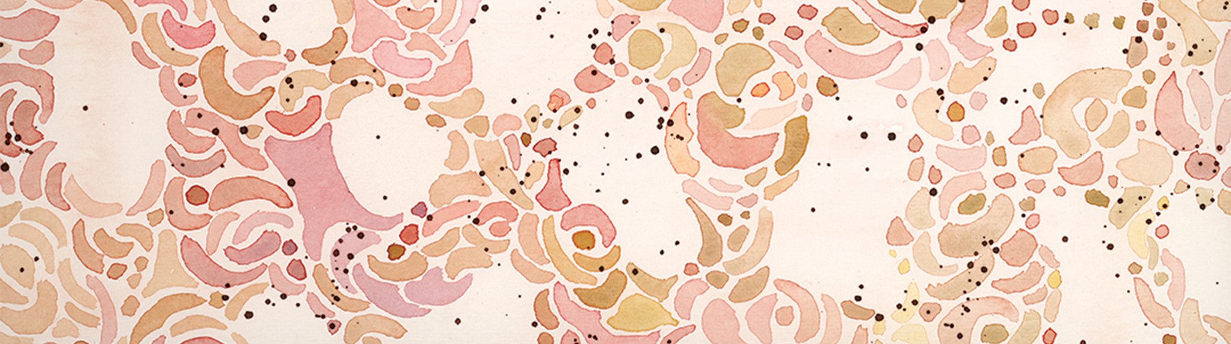 Abstract watercolor painting featuring swirling patterns in shades of pink, beige, and brown, with scattered small dots on a light background. The design appears organic and fluid.