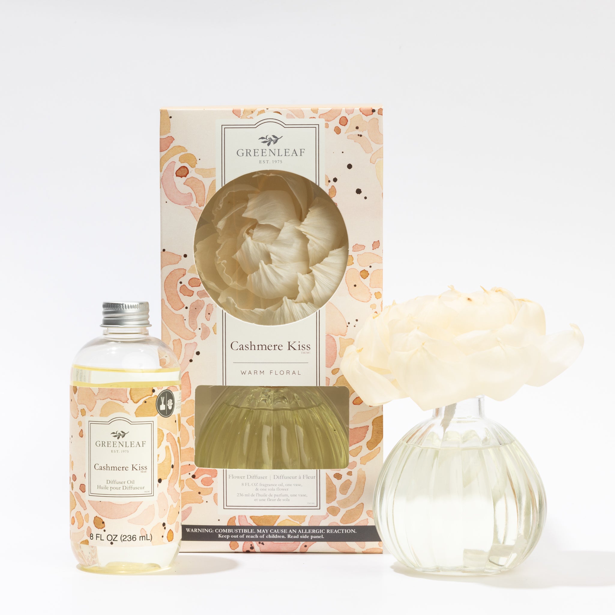 Fast Bundle’s Cashmere Kiss Flower Diffuser & Fragrance Oil Refill features a clear vase with white flower, fragrance oil, and decorative peach-beige floral packaging—all arranged on a white background. Perfect as a Flower Diffuser Refill set.