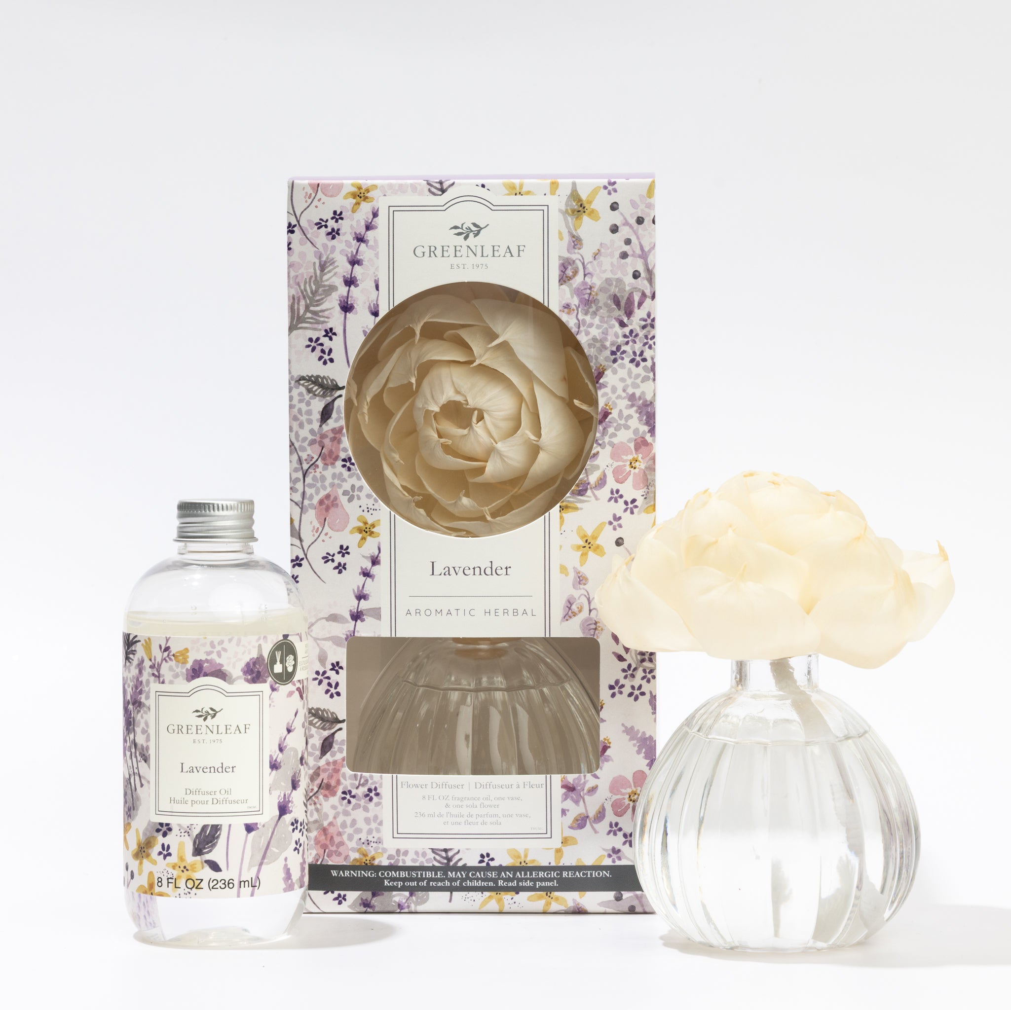 A Fast Bundle Lavender Flower Diffuser & Fragrance Oil Refill set, featuring a glass vase with a cream flower, boxed diffuser, and clear bottle of lavender fragrance oil, all elegantly displayed on a white background.