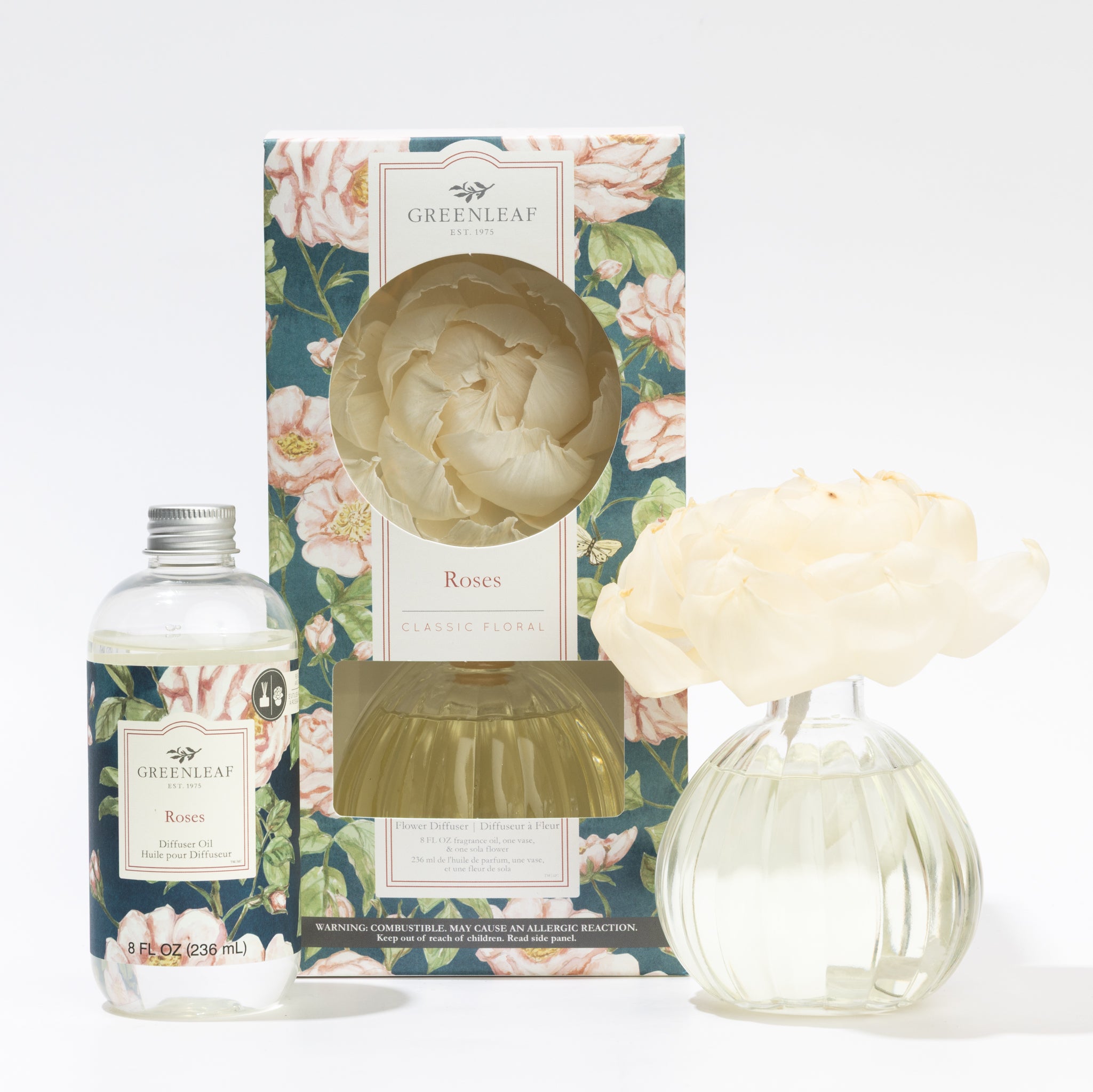 The Fast Bundle Roses Flower Diffuser & Fragrance Refill Oil set comes boxed—perfect for infusing your space with a delightful floral scent.