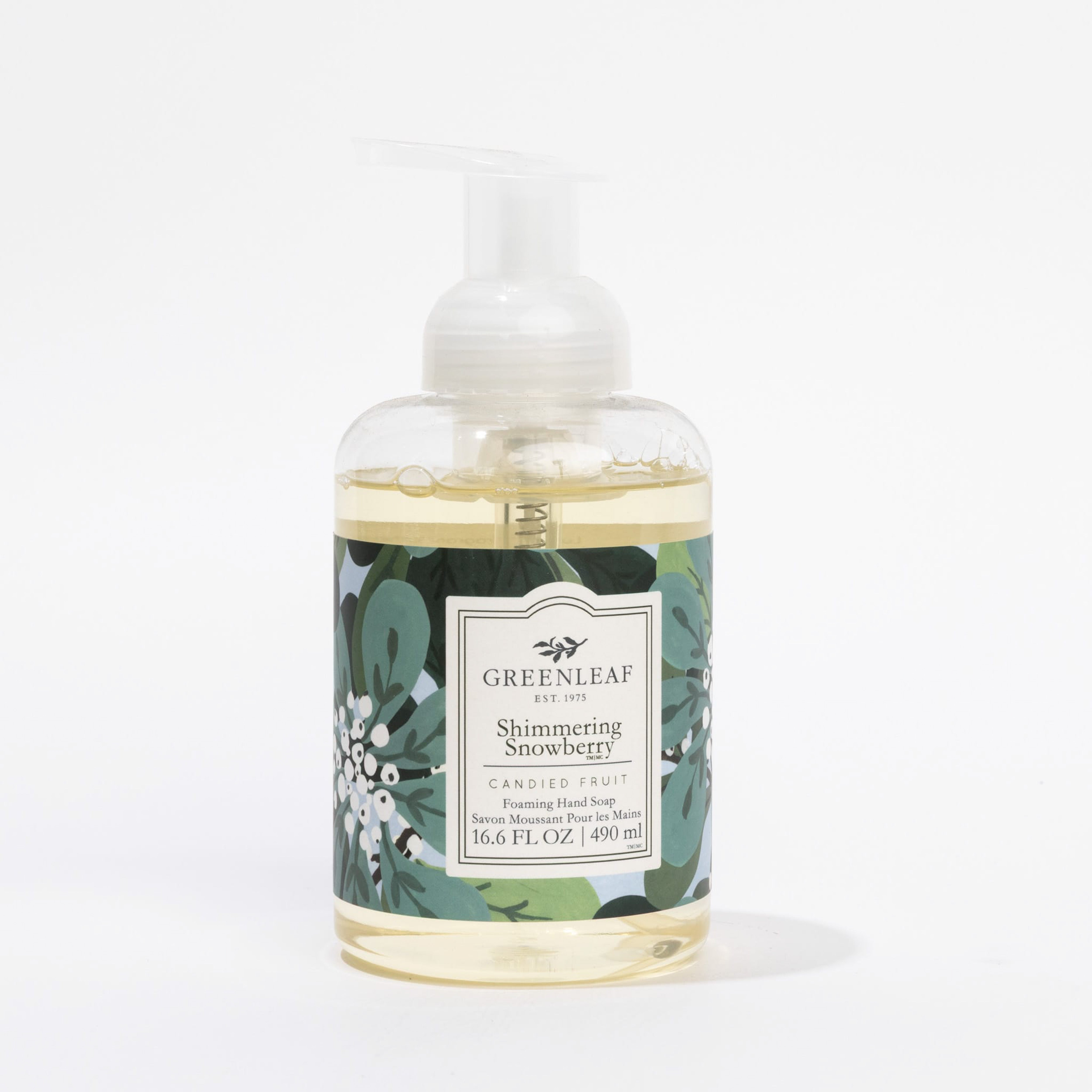 A 16.6 fl. oz. clear pump bottle of Greenleaf Gifts Shimmering Snowberry Foaming Hand Soap, enriched with coconut oil and featuring a green and white botanical label, is displayed against a white background.