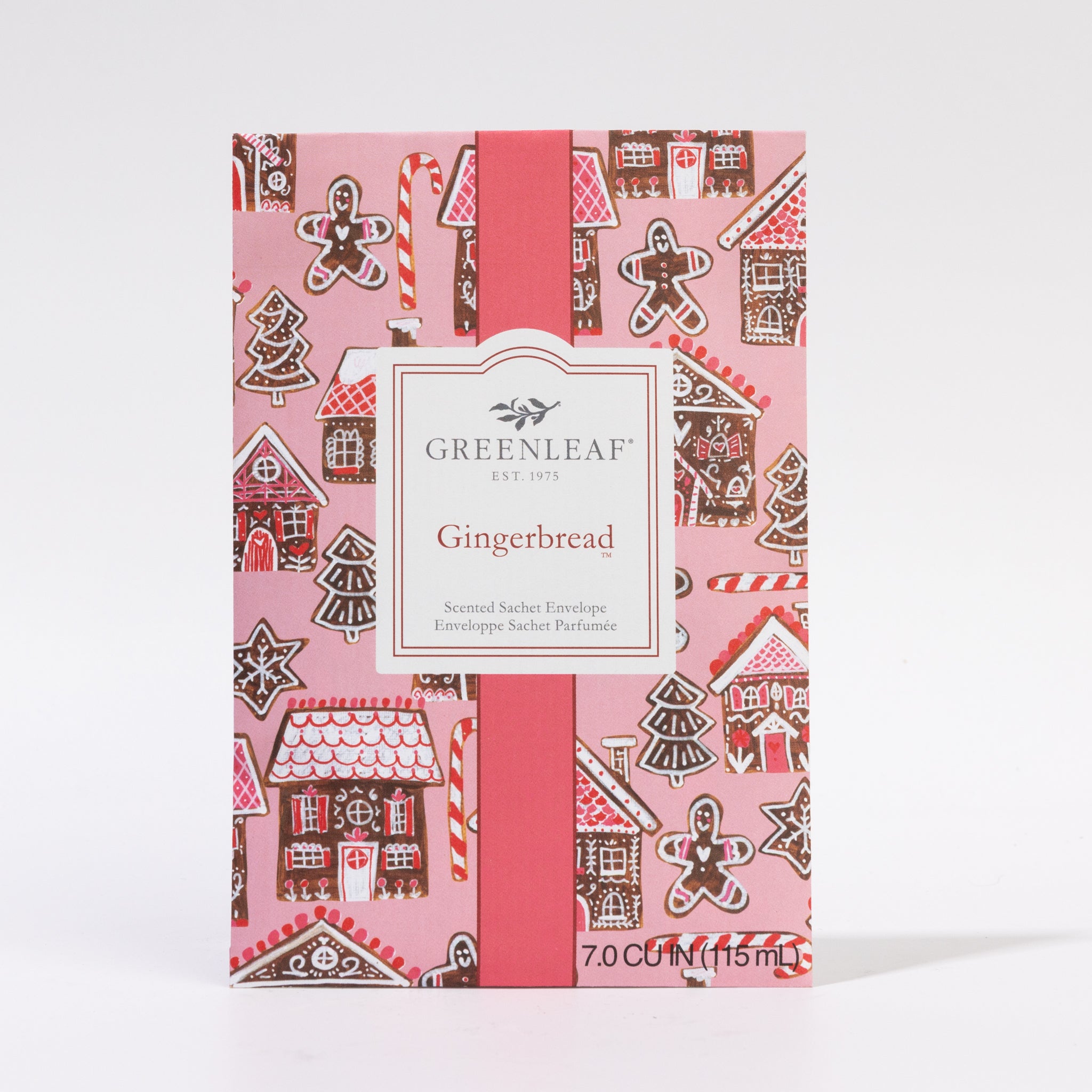 The Greenleaf Gifts Gingerbread Sachet features festive gingerbread cookies, houses, and candy canes. Sized 4.5 x 0.25 x 6.63 inches (7 cu.in.), it delivers a delightful aroma for up to 9 months.