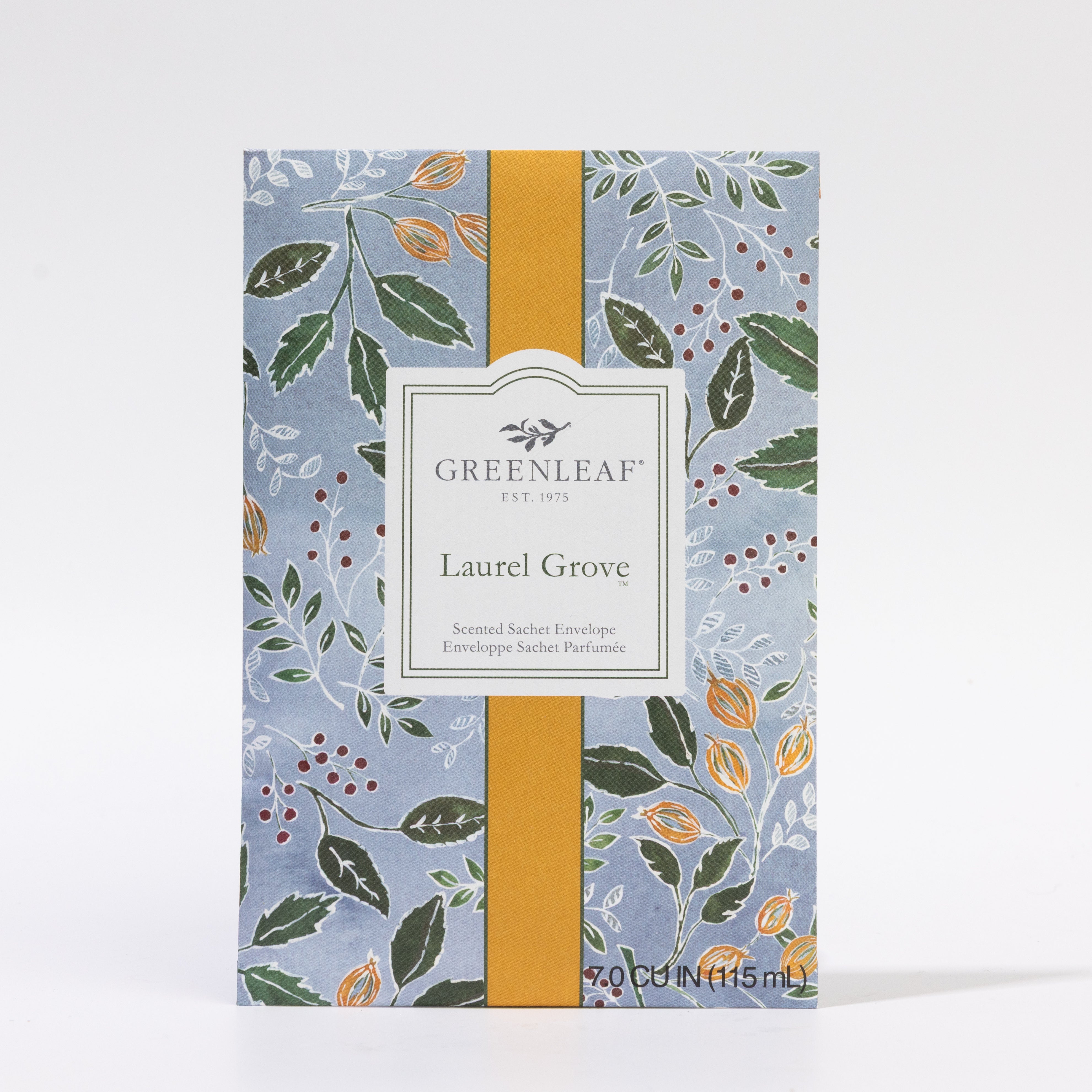 The Greenleaf Gifts Laurel Grove Sachet (GLG900586S) features a floral and leaf design on blue with a gold stripe and white label, offering up to 9 months of fresh fragrance from 7 cu.in. of long-lasting scent.