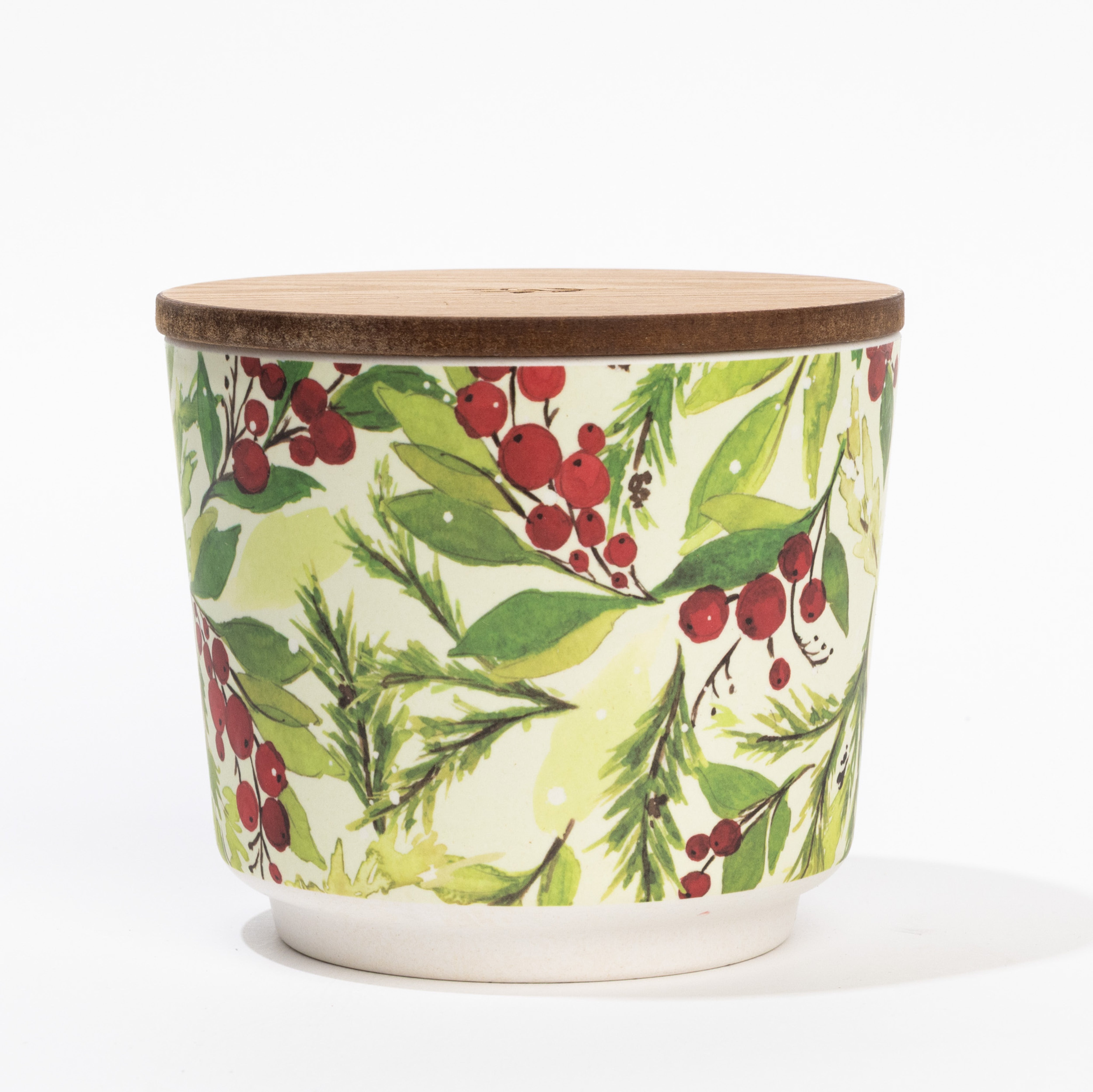 The Merry Memories Patterned 3 Wick Candle by Greenleaf Gifts features a festive red berry and green leaf design on white with a wooden lid—perfect for creating joyful moments from our Patterned Candles collection.