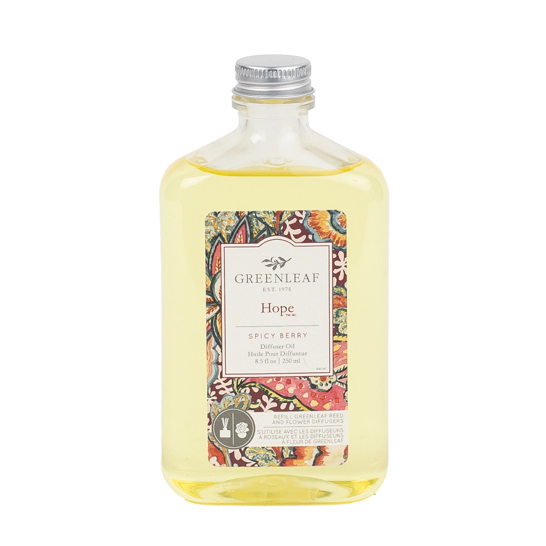 A clear bottle of Greenleaf Gifts Hope Diffuser Oil Refill in Spicy Berry scent with a silver cap and floral label. Contains 8.5 fl oz (250 ml). Ideal as a Reed Diffuser Replacement Oil.