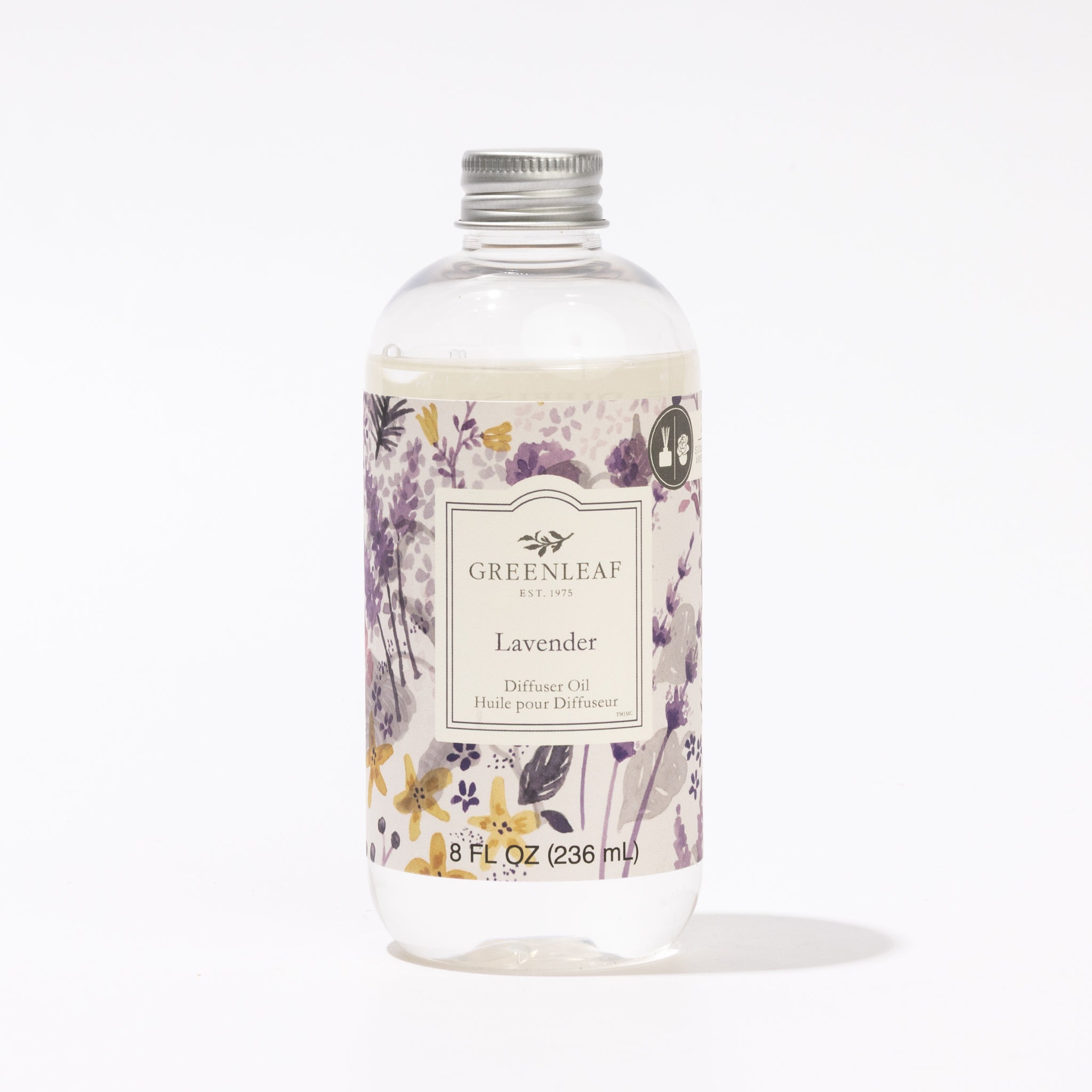 A clear plastic bottle of Greenleaf Gifts Lavender Diffuser Oil (8 fl oz/236 mL) with a silver screw cap and a floral label with purple and yellow flowers, ideal as a Flower Diffuser refill for a soothing lavender scent.