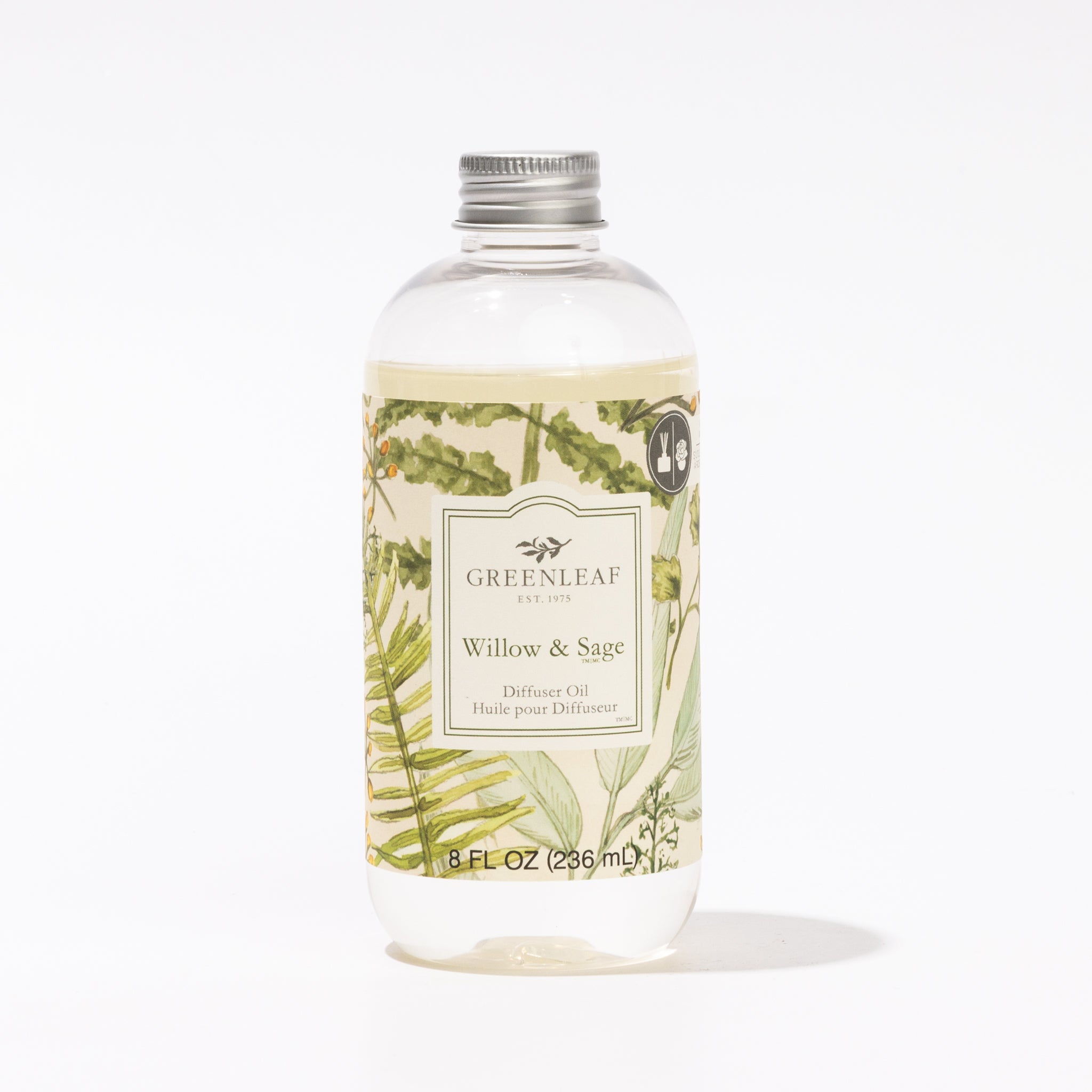 An 8 fl oz (236 mL) clear plastic bottle of Greenleaf Gifts Willow & Sage Diffuser Oil with a silver cap and botanical label, ideal as a Reed Diffuser refill, displayed on a plain white background.