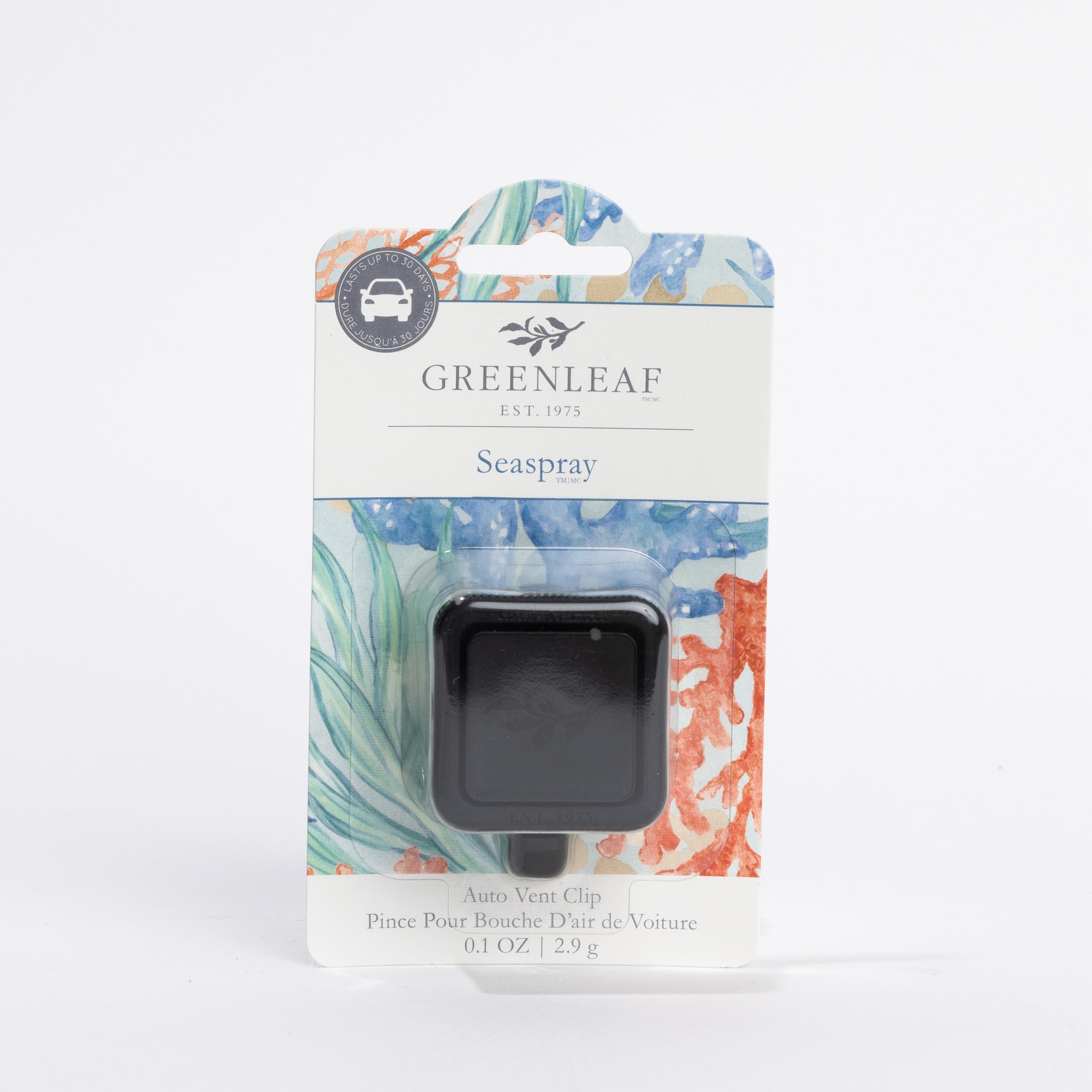 A Greenleaf Gifts Seaspray Auto Vent Clip car air freshener in packaging with floral blue, green, and orange designs on white, delivering a fresh Seaspray scent.