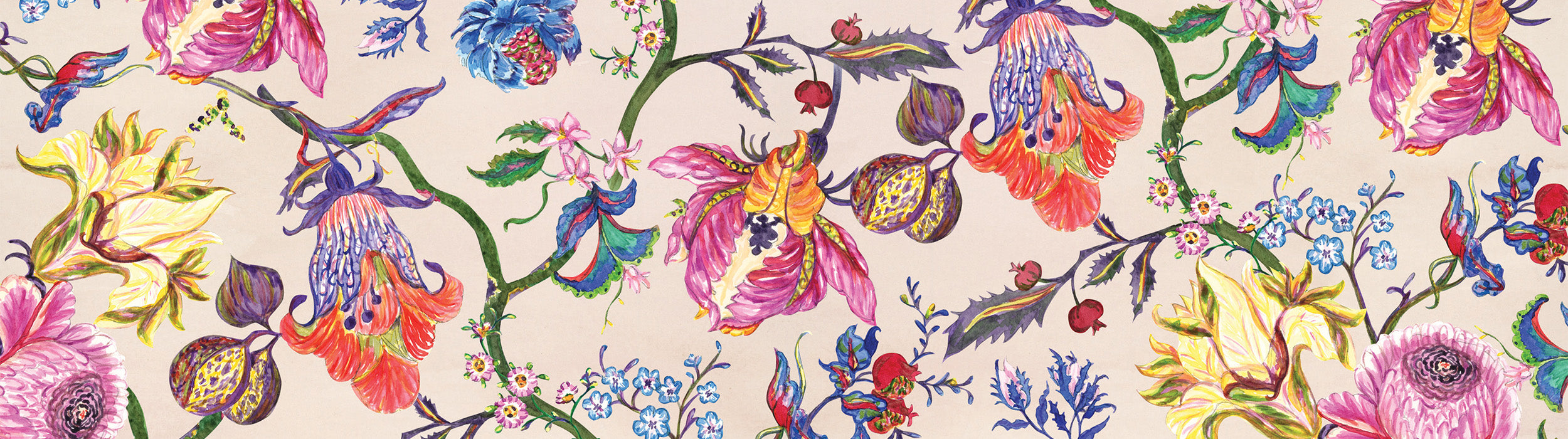 A colorful floral pattern with various bright flowers, leaves, and berries on a light beige background, featuring pink, yellow, blue, and purple hues in a hand-painted style.