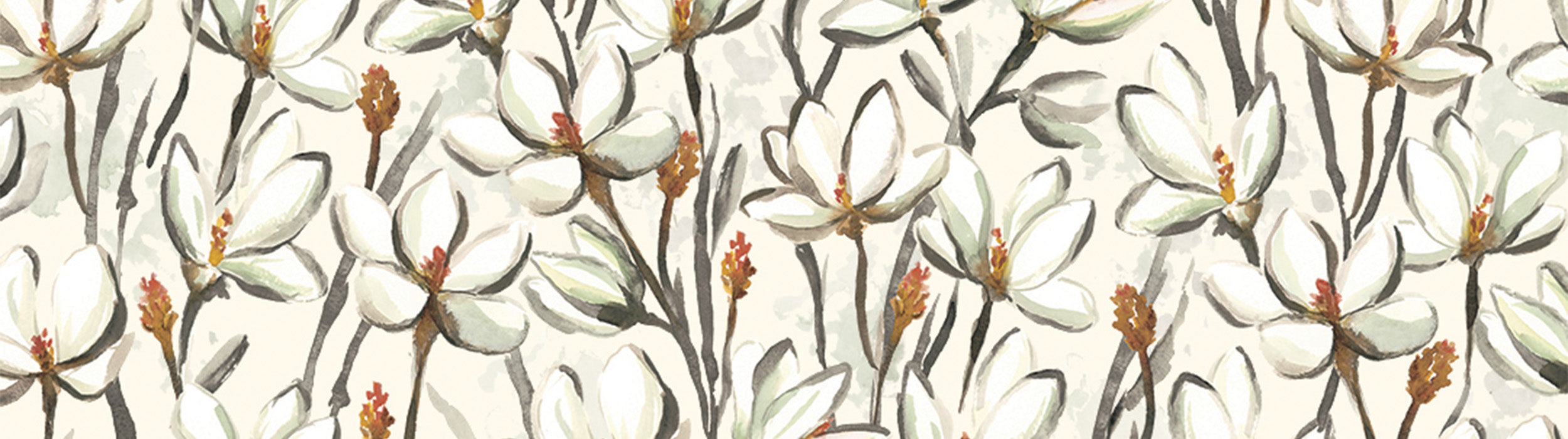 A seamless pattern of white magnolia flowers with green leaves and brown stems, set against a light beige background. The flowers are illustrated in a hand-painted watercolor style.