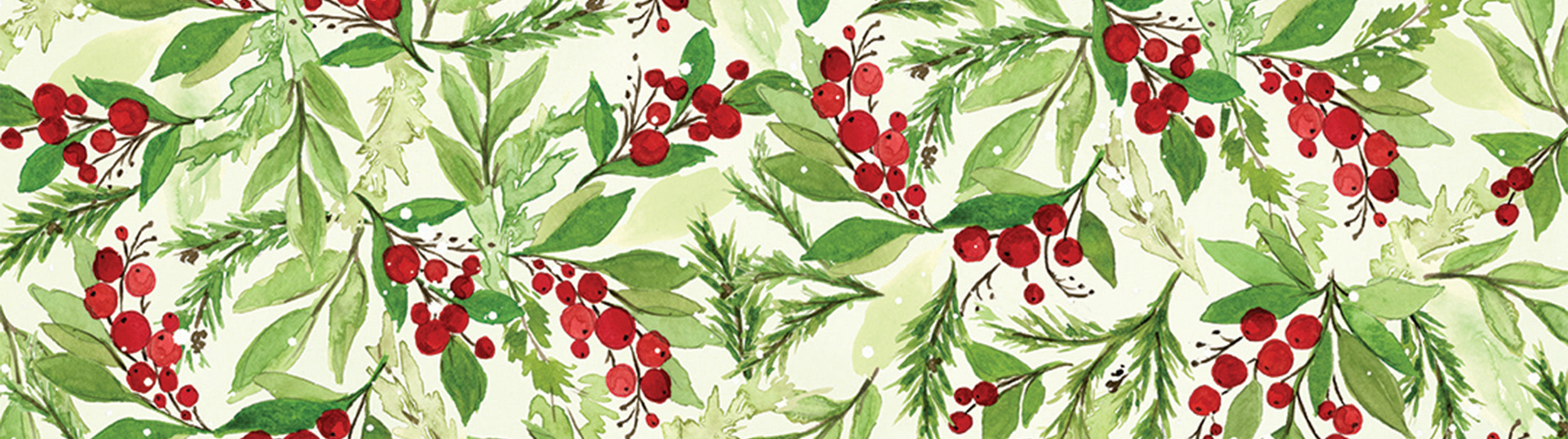 Watercolor-style pattern featuring green leaves and sprigs mixed with clusters of red berries, creating a festive and natural holiday-themed design.