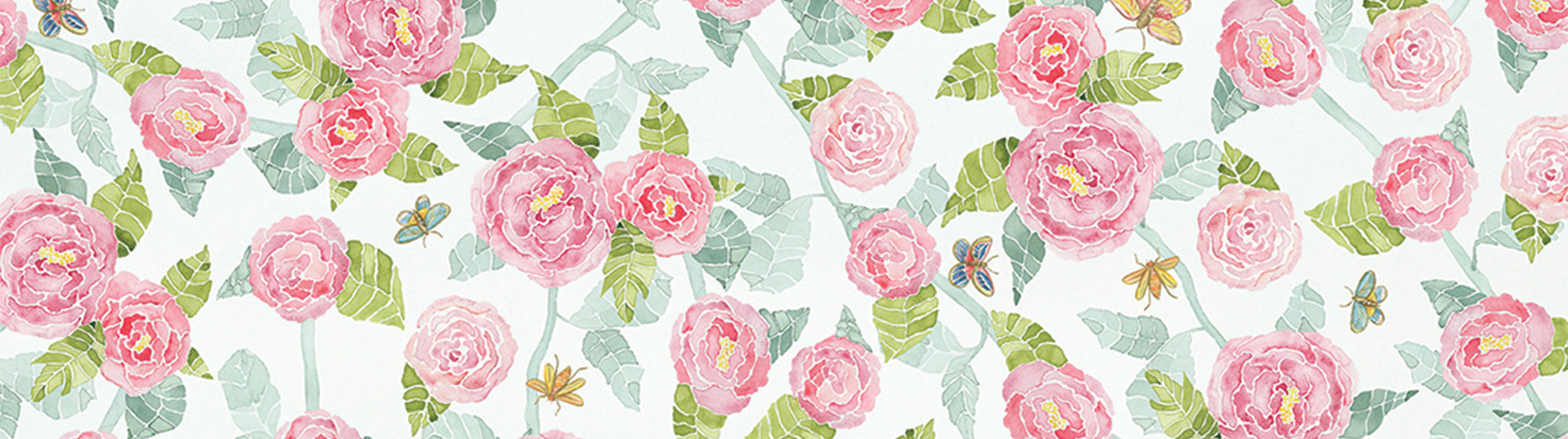 Watercolor-style illustration of pink roses with green leaves scattered on a white background. Several colorful dragonflies and bees are also visible among the flowers and foliage, creating a lively, cheerful pattern.