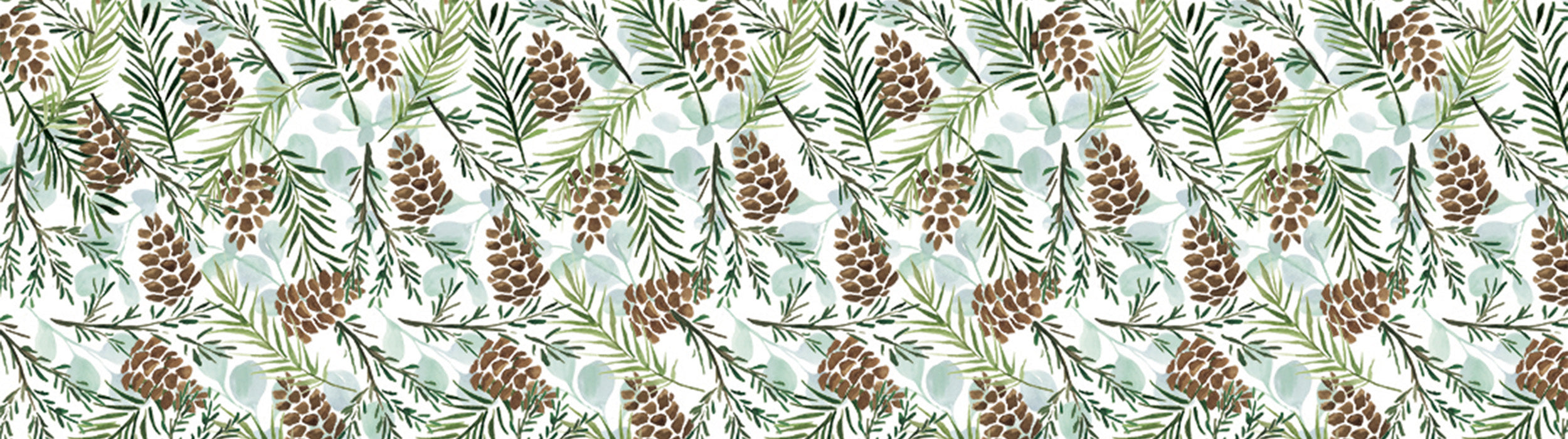 Seamless pattern of pinecones and green pine needles with watercolor-style branches and foliage, creating a natural, wintery, and festive design.