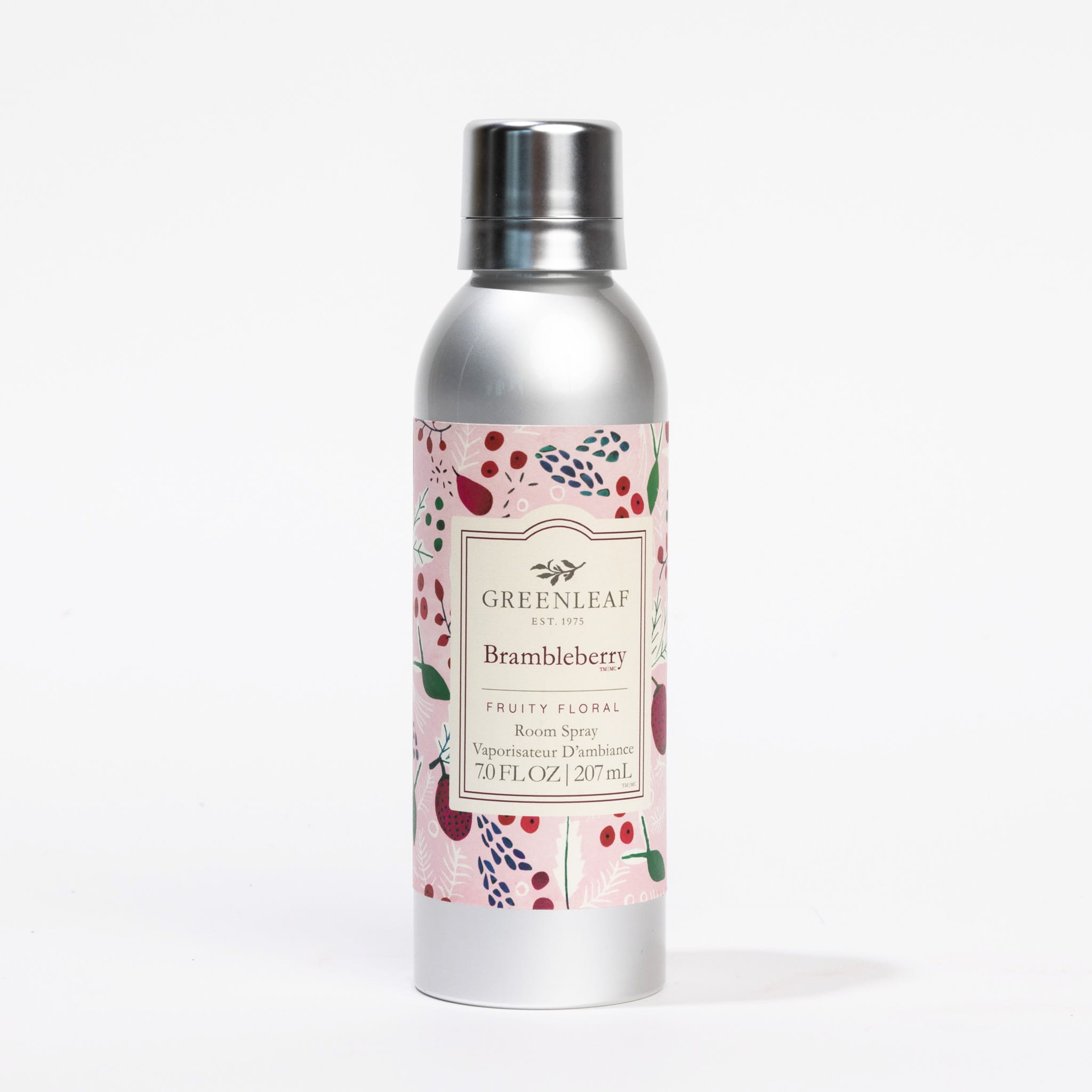 A silver canister with a floral and berry-patterned label reads Greenleaf Gifts Brambleberry Room Spray, 7.0 fl. oz / 207 mL. Displayed on a plain white background, it highlights this refreshing fragrance from Greenleaf Gifts.