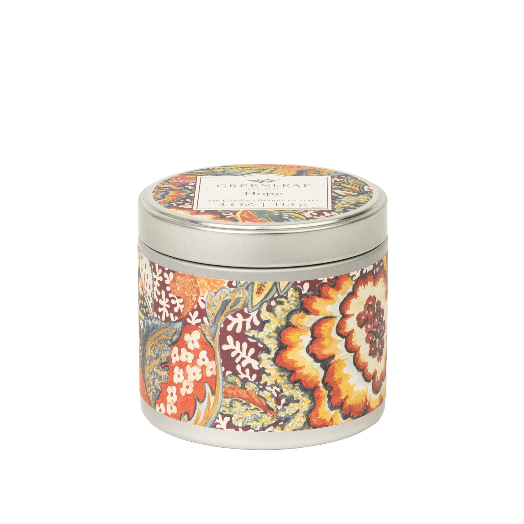 A round tin candle with a colorful floral pattern in orange, yellow, and red. The lid features a matching design and a Greenleaf Gifts Hope label—a perfect portable candle to add cozy home fragrance anywhere.