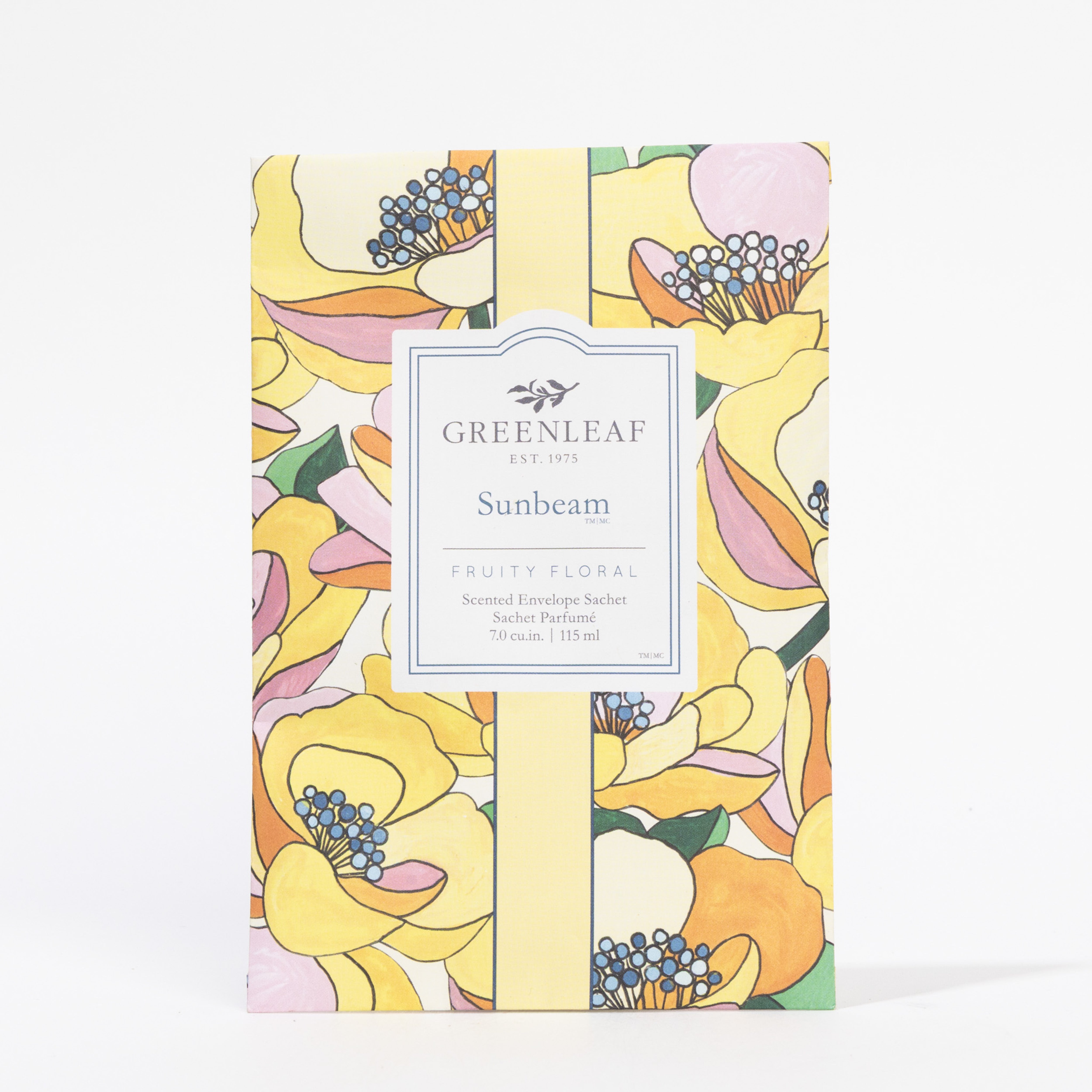 The Greenleaf Gifts Sunbeam Sachet features a fruity floral fragrance. Its packaging shows bright yellow and orange flowers with purple centers on white, offering a long-lasting air freshener experience.