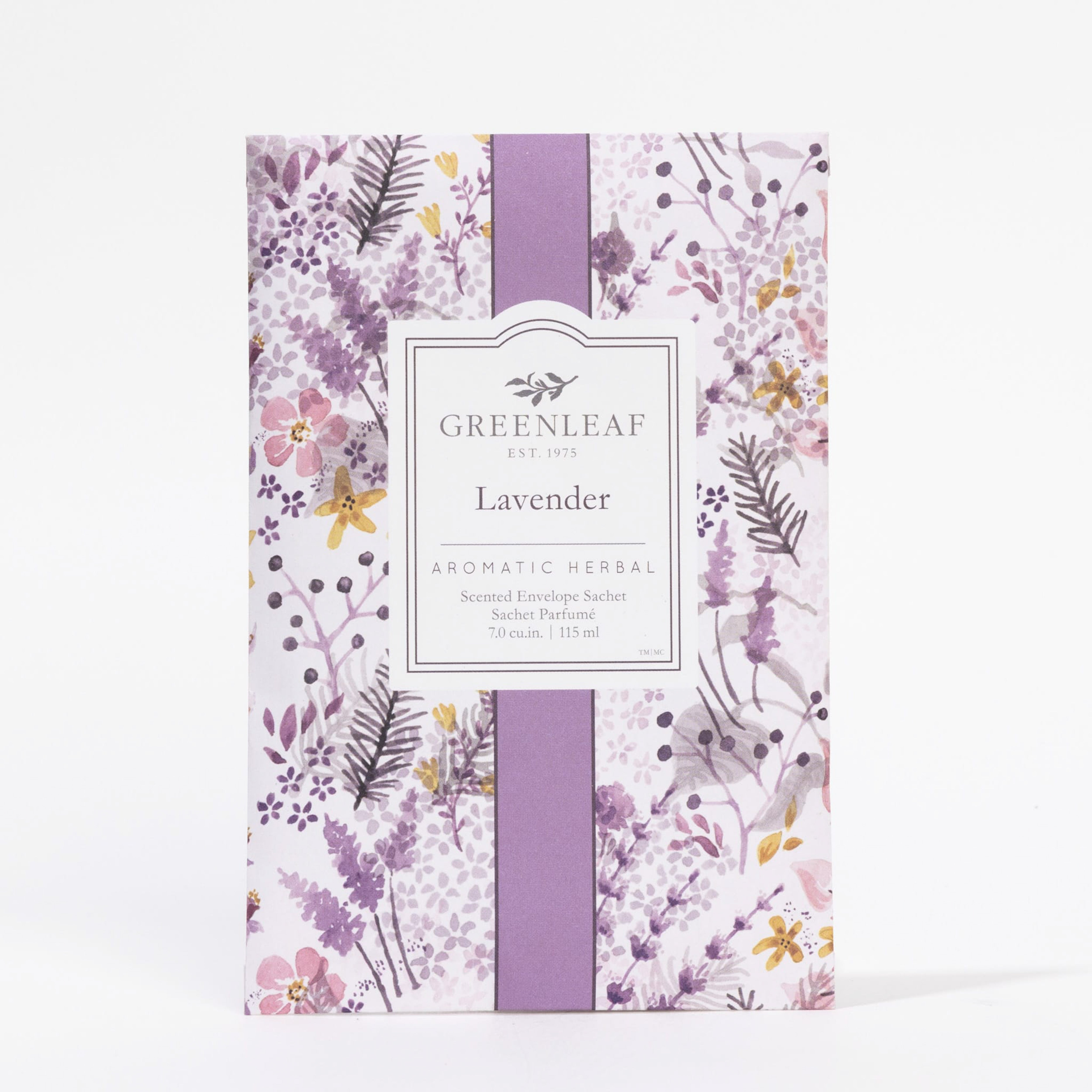 The Greenleaf Gifts Lavender Sachet is a rectangular aromatic envelope, ideal for freshening closets. It features purple, lavender, and yellow floral patterns with a central purple stripe showcasing the product label on the front.