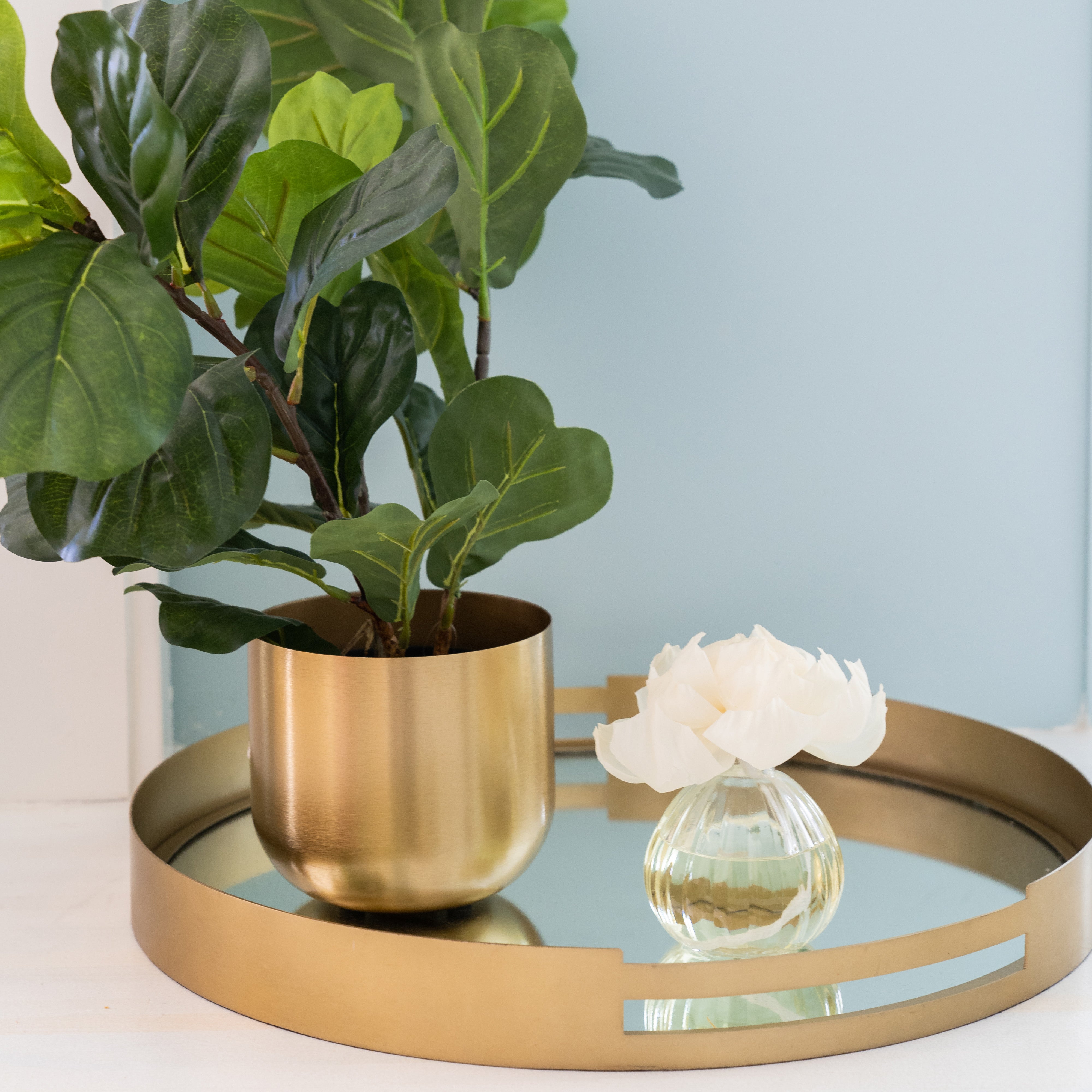 A Greenleaf Gifts Flower Diffuser-Seaspray and a leafy green plant in a gold pot sit on a mirrored gold tray, set against a light blue background.