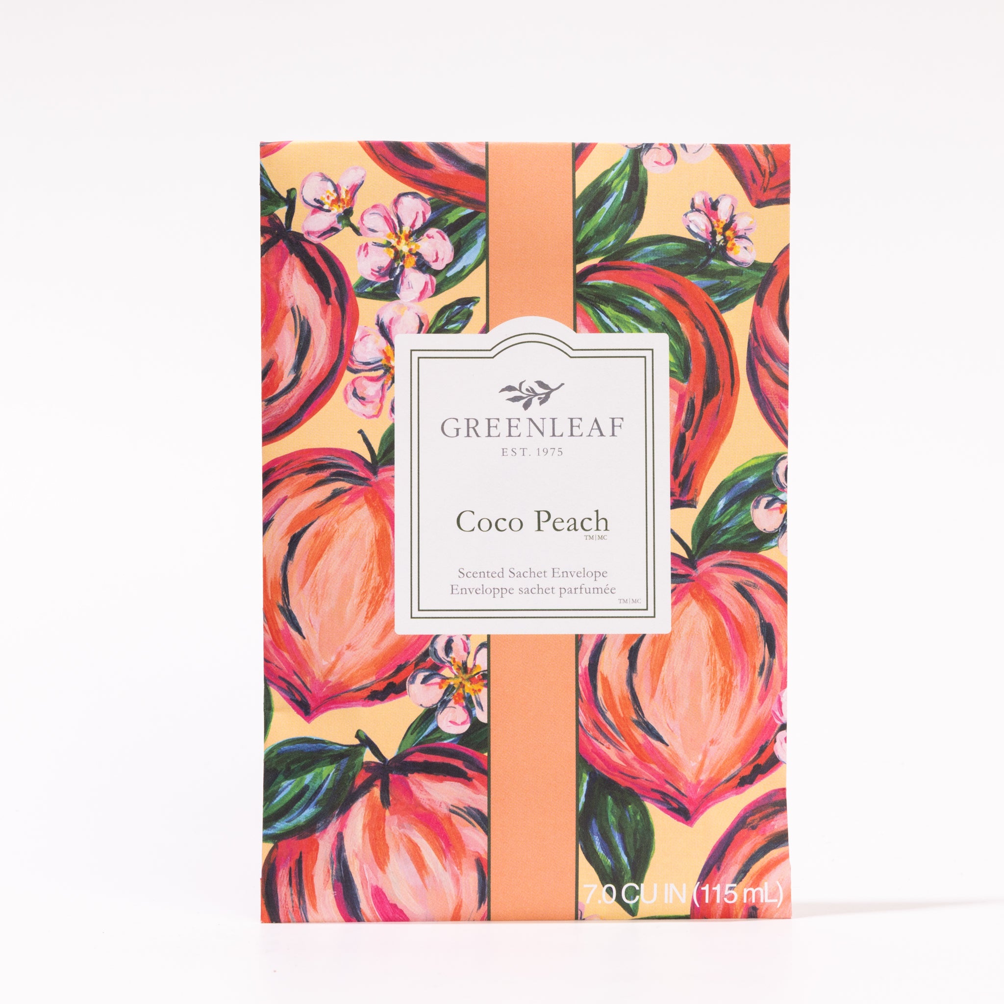 The Greenleaf Gifts Coco Peach Sachet features vibrant peach and blossom illustrations on a peach background, offering a long-lasting cocoa peach fragrance in a 7.0 cu in (115 mL) air freshener.