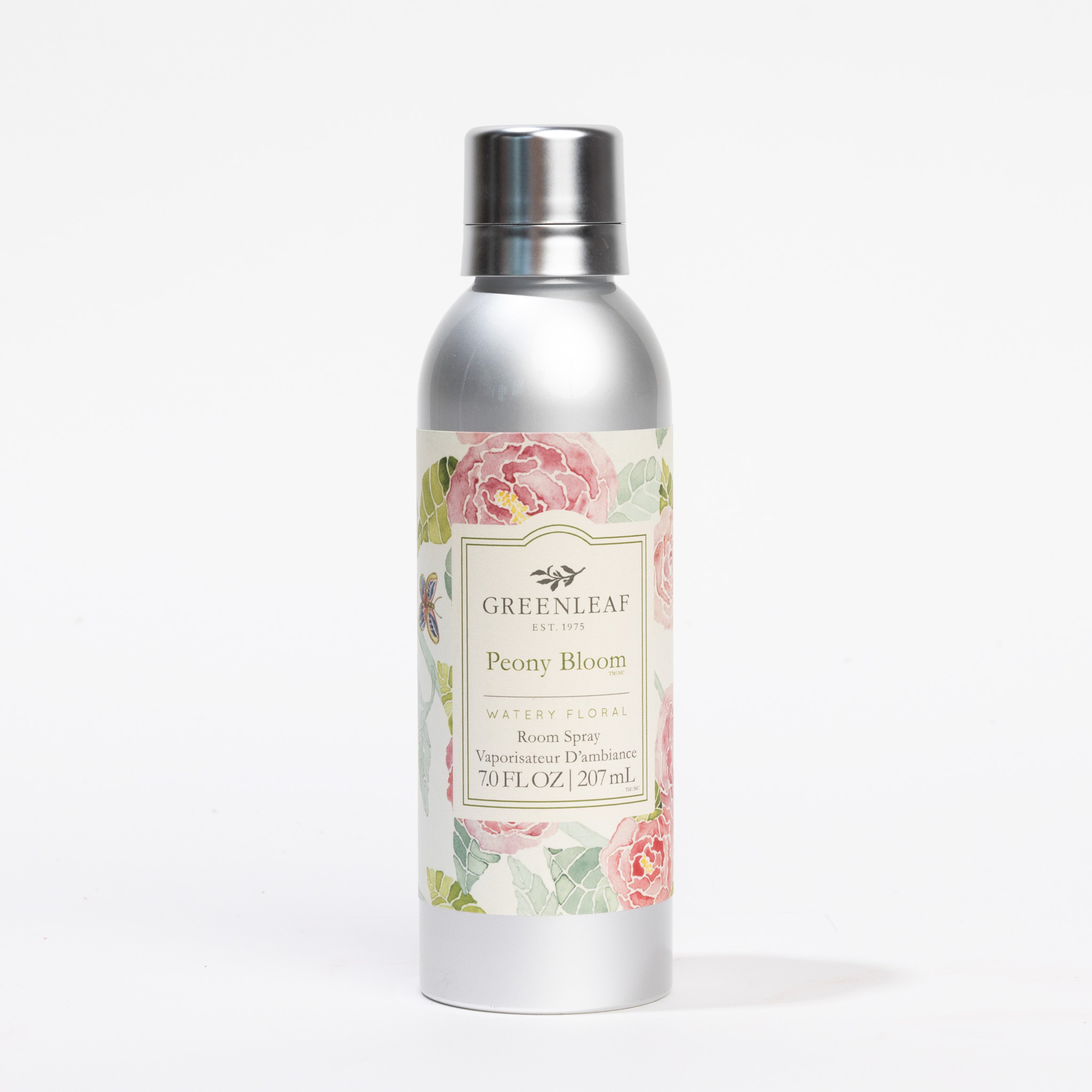 The Peony Bloom Room Spray by Greenleaf Gifts comes in a silver 7 oz (207 mL) non-aerosol bottle decorated with pastel pink peonies and offers a refreshing fragrance with delicate watery floral notes.