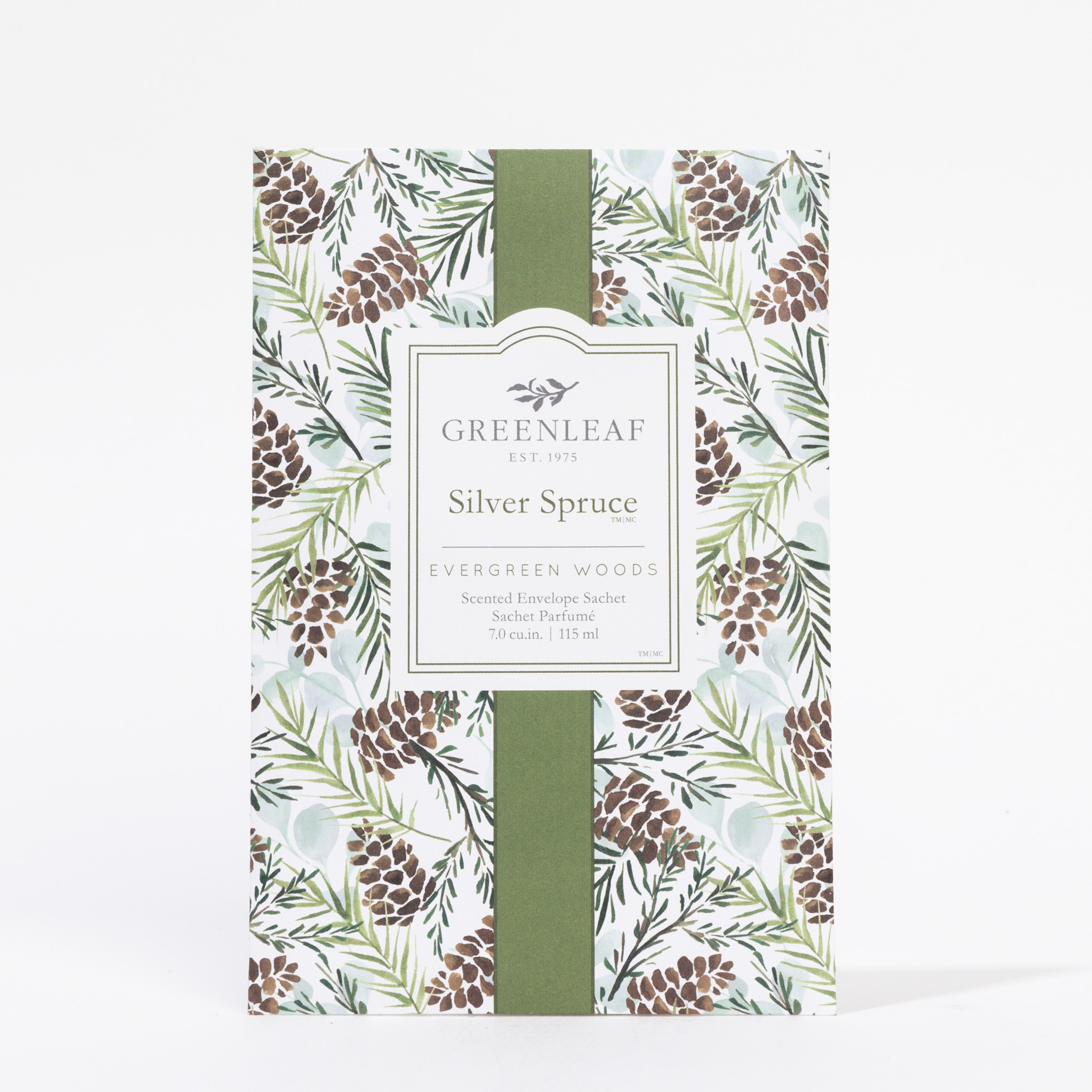 The Greenleaf Gifts Silver Spruce Sachet features a pinecone and evergreen branch design and fills your space with the fresh scent of Silver Spruce and Evergreen Woods. Scented envelope sachet, 7 oz (115 ml).