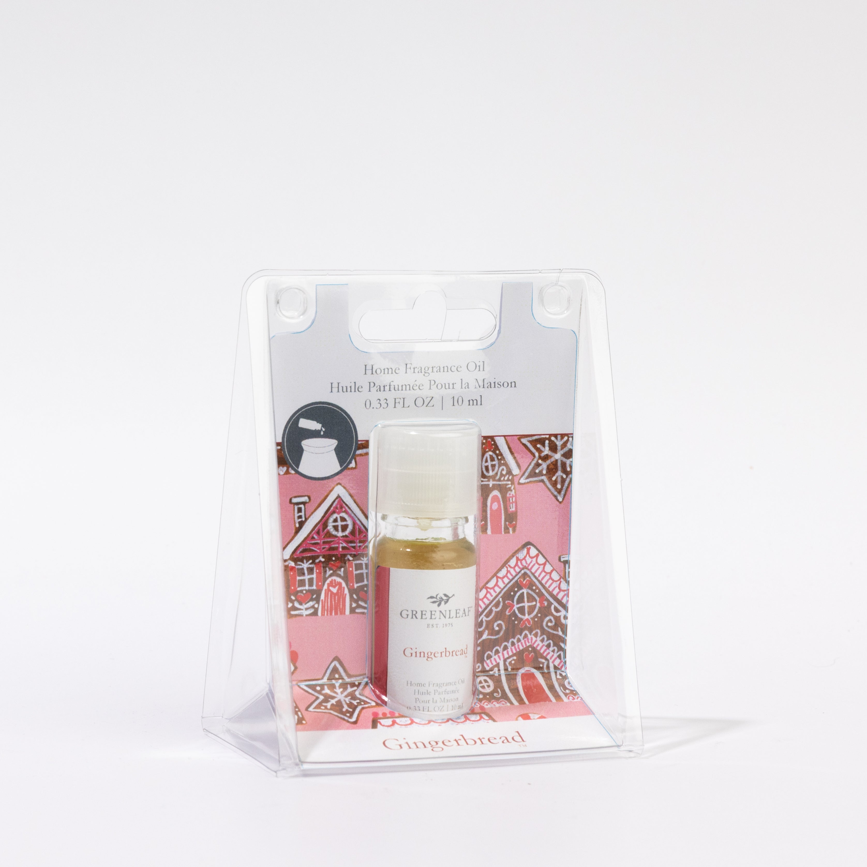 The Greenleaf Gifts Gingerbread Home Fragrance Oil comes in a 0.33 fl oz (10 ml) bottle with a festive gingerbread house design, offering a compact way to add holiday cheer to your space.