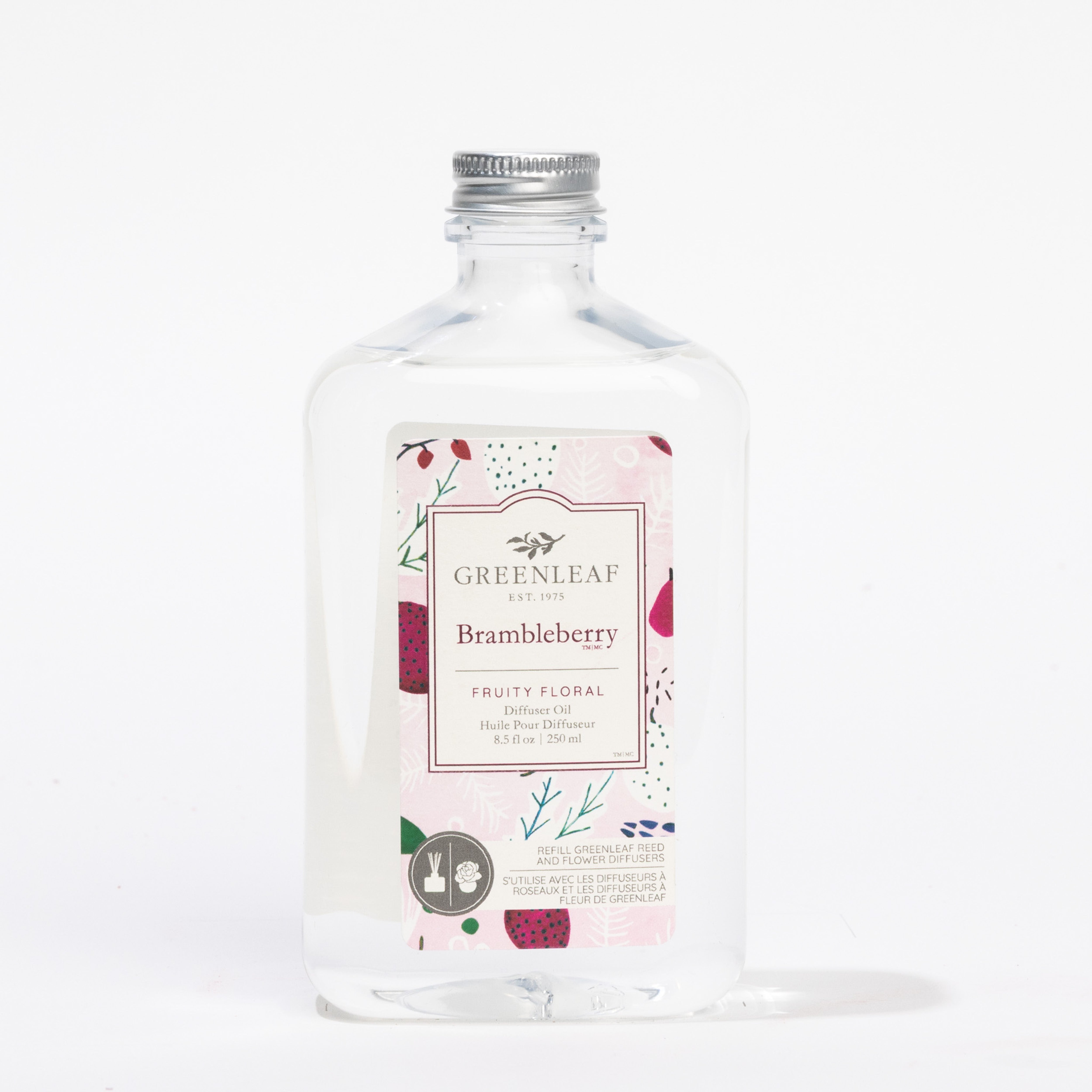 A clear bottle with a silver cap holds Greenleaf Gifts Brambleberry Diffuser Oil Refill. The label says Brambleberry Fruity Floral with pink and berry designs on white, offering a fresh brambleberry fragrance.