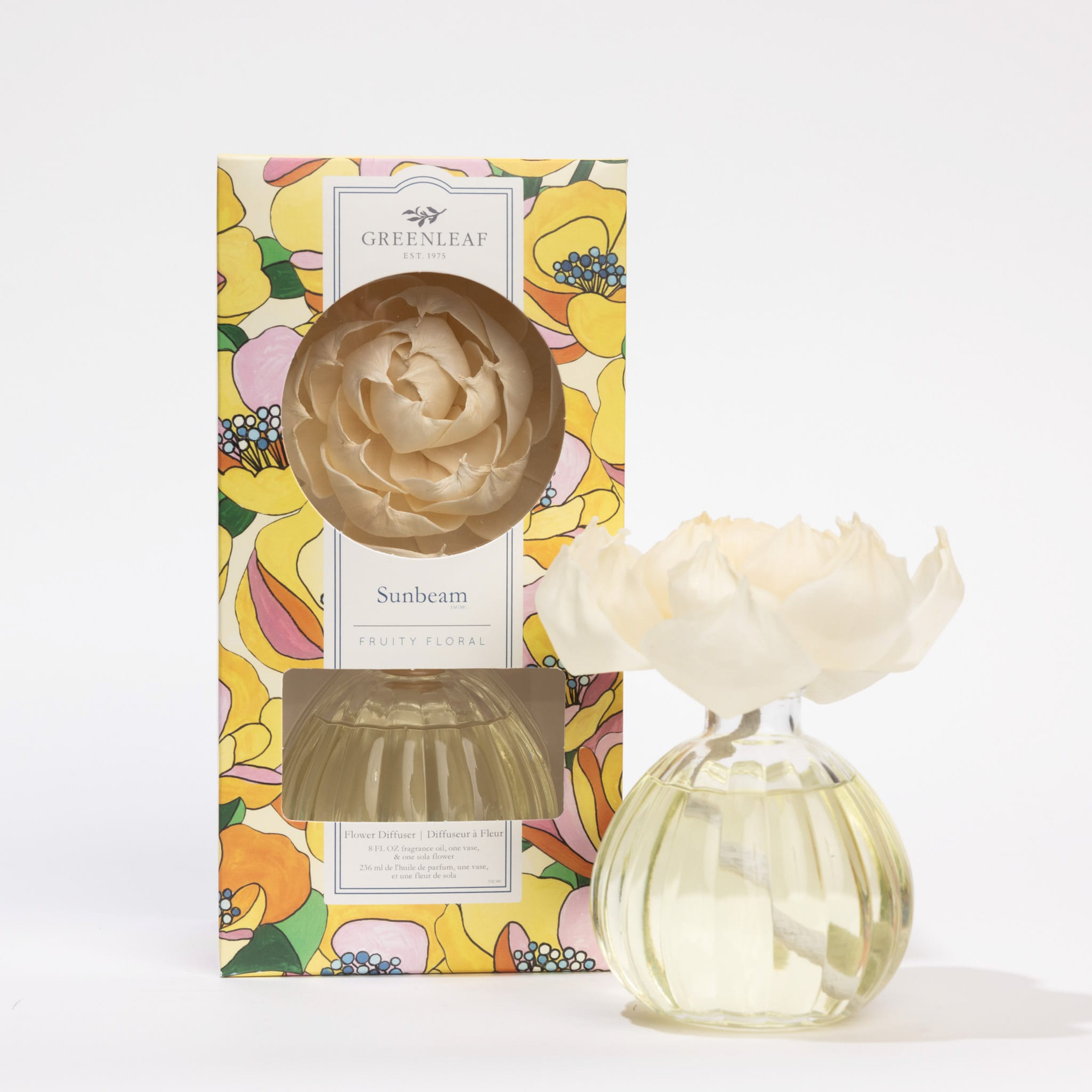A clear glass Sunbeam Flower Diffuser by Greenleaf Gifts with a cream sola flower on top sits beside a floral Greenleaf Sunbeam Fruity Floral box, which displays the matching flower through a transparent window.