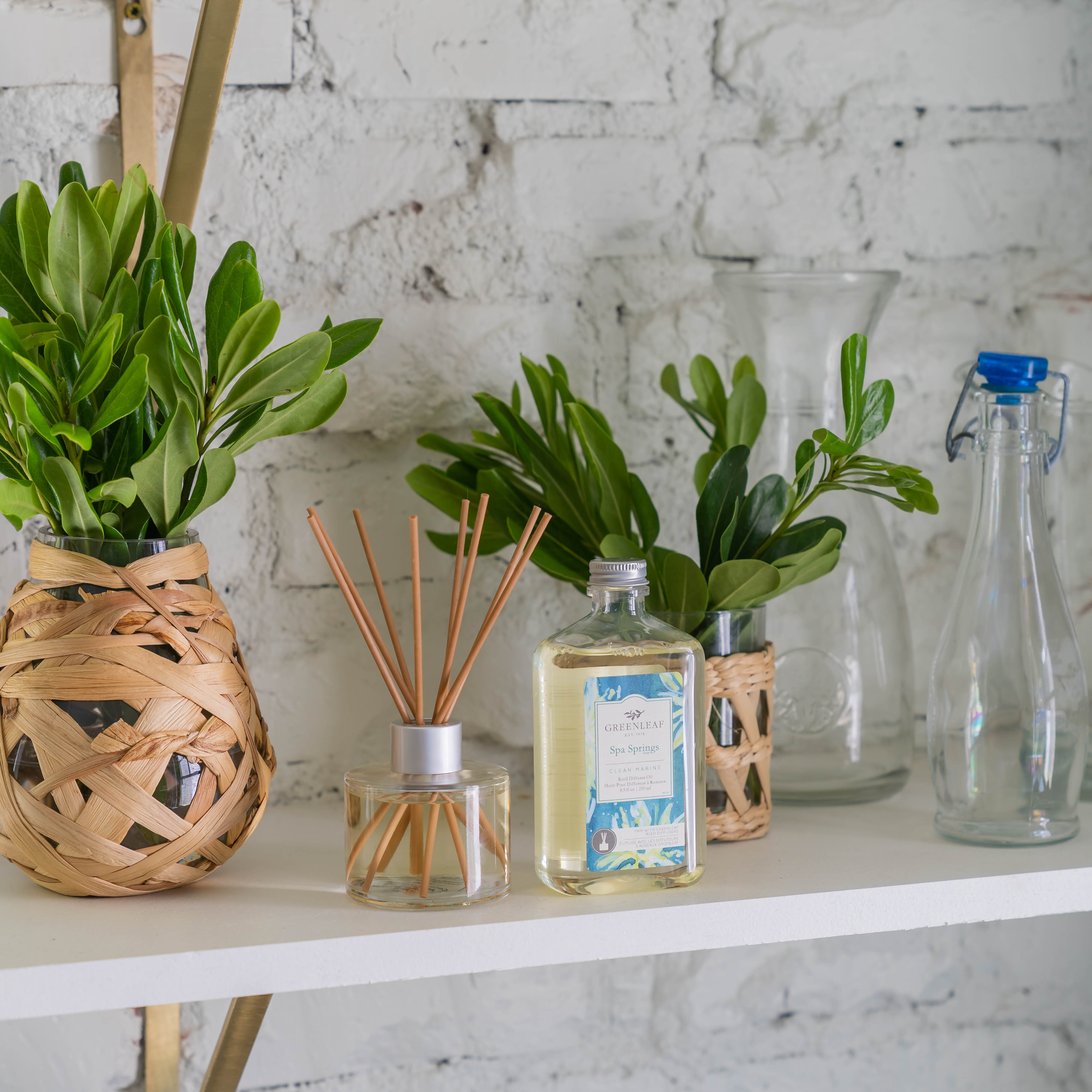 A white shelf holds green leafy plants in woven baskets, a Greenleaf Gifts Spa Springs Diffuser Oil Refill, reeds, a blue-labeled bottle, a glass carafe, and a glass bottle with blue cap against a white brick wall.