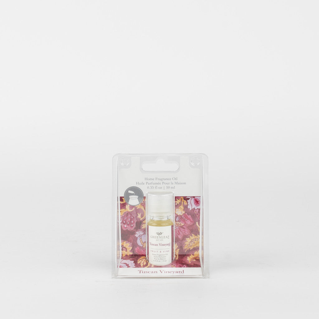 The Tuscan Vineyard Home Fragrance Oil by Greenleaf Gifts comes in a clear plastic box with a floral design, offering a clean, minimal look—a perfect flameless way to scent your space.