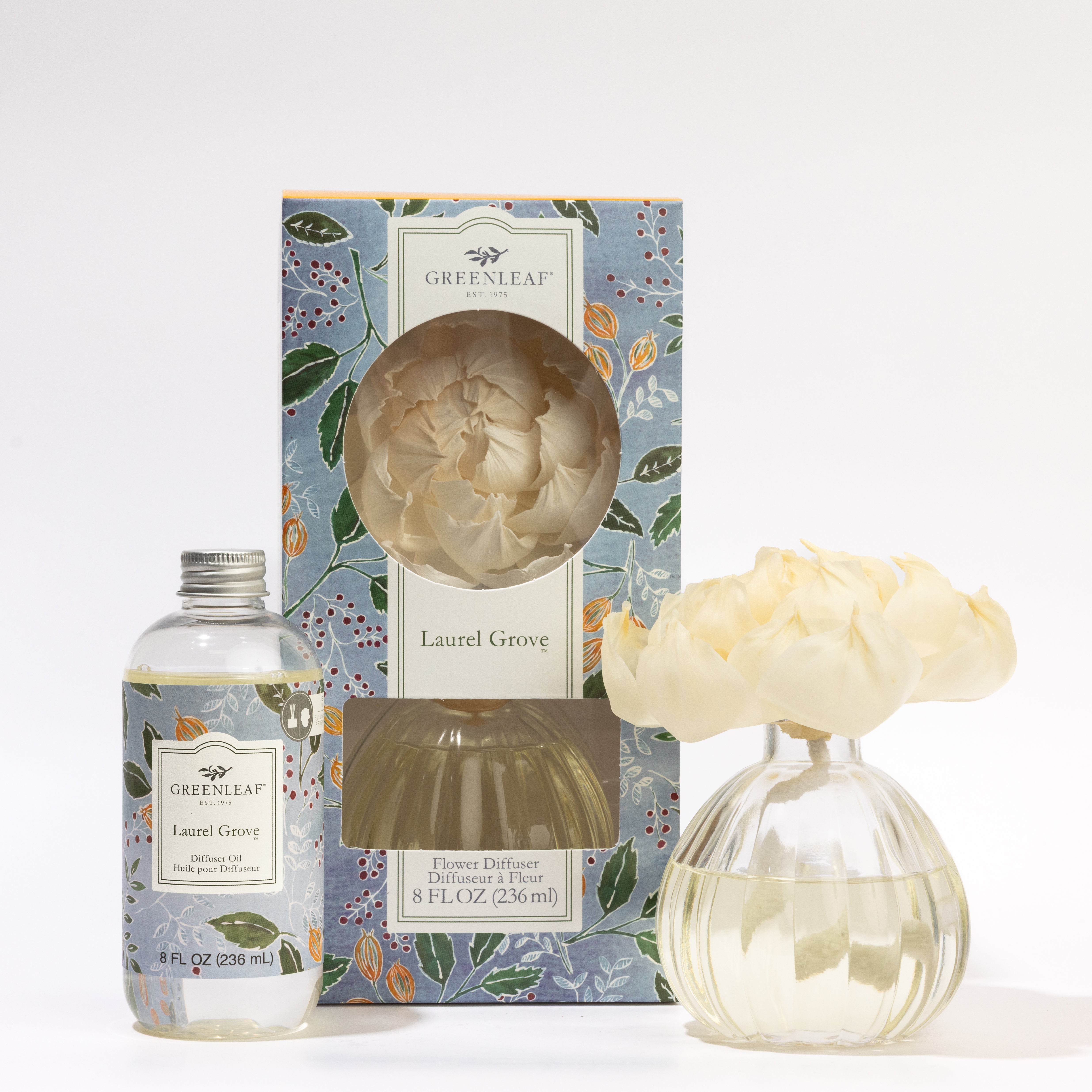 The Fast Bundle Laurel Grove Flower Diffuser & Fragrance Refill Oil set includes a clear bottle of scented oil, a decorative floral box, and a glass vase with white flower-shaped reeds.