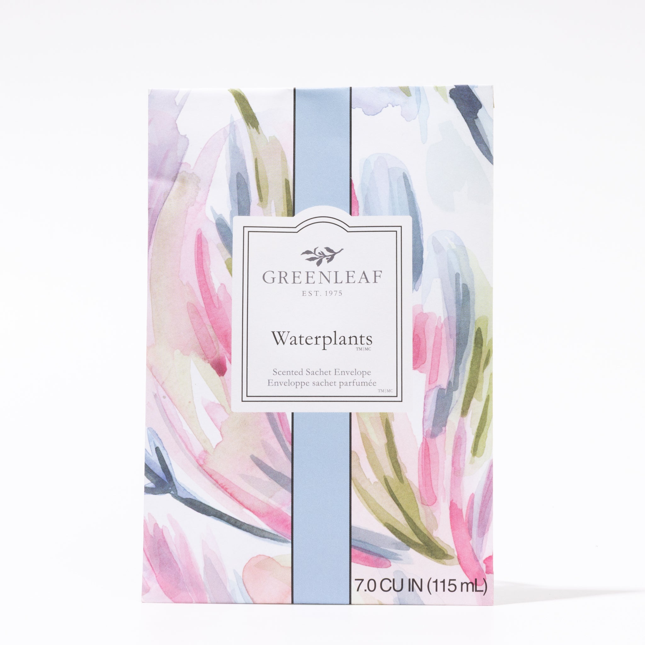 The Greenleaf Gifts Waterplants Sachet is a long-lasting air freshener with pastel watercolor florals, a blue stripe, and central label. The large sachet comes in a 7.0 CU IN (115 mL) package.