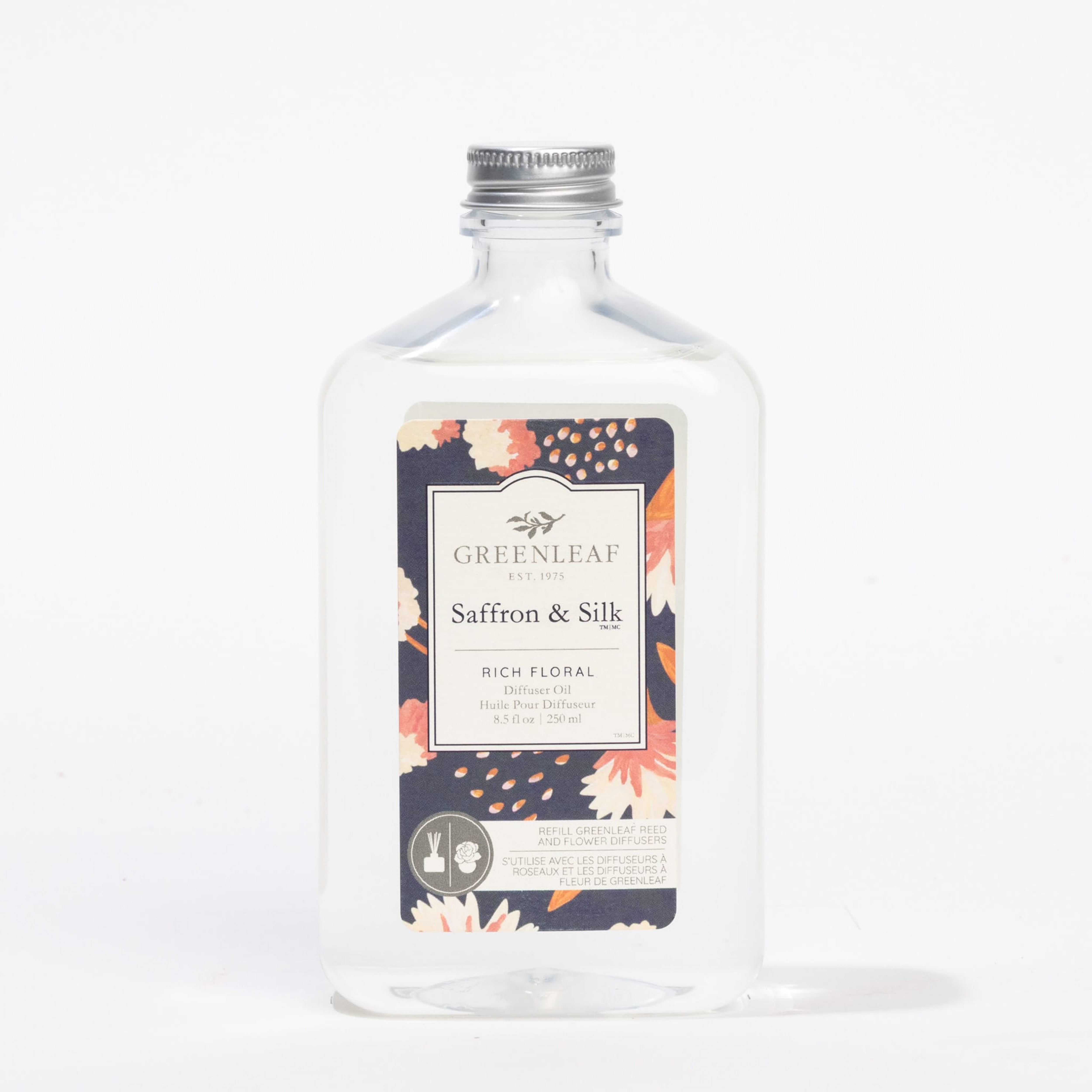 The Greenleaf Gifts Saffron & Silk Diffuser Oil Refill comes in a clear bottle with a black cap and floral-patterned label against a white background, describing the scent as Rich Floral.