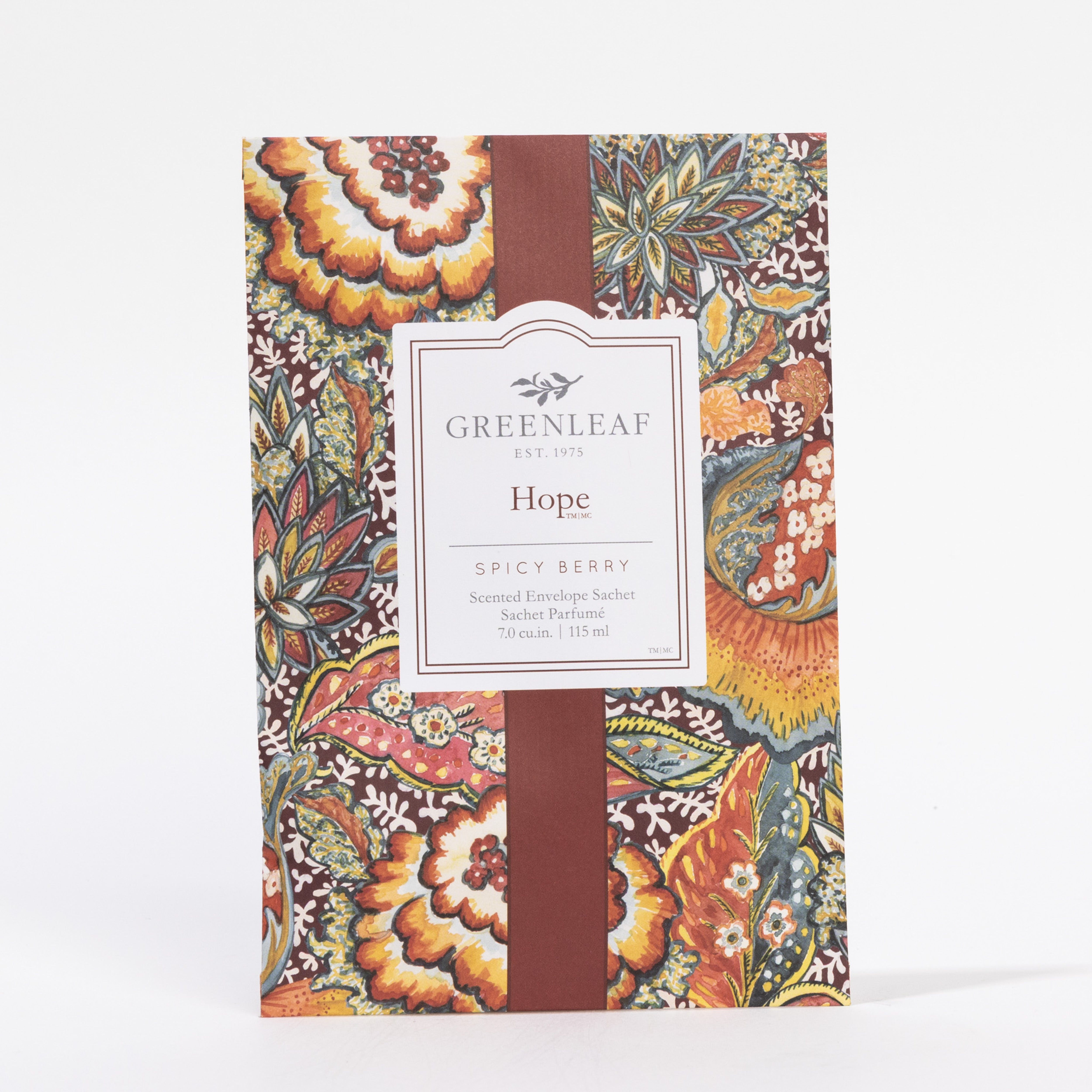 The Greenleaf Gifts Hope Sachet features a spicy berry fragrance and a vibrant floral paisley design—ideal for adding refreshing home fragrance to any space.