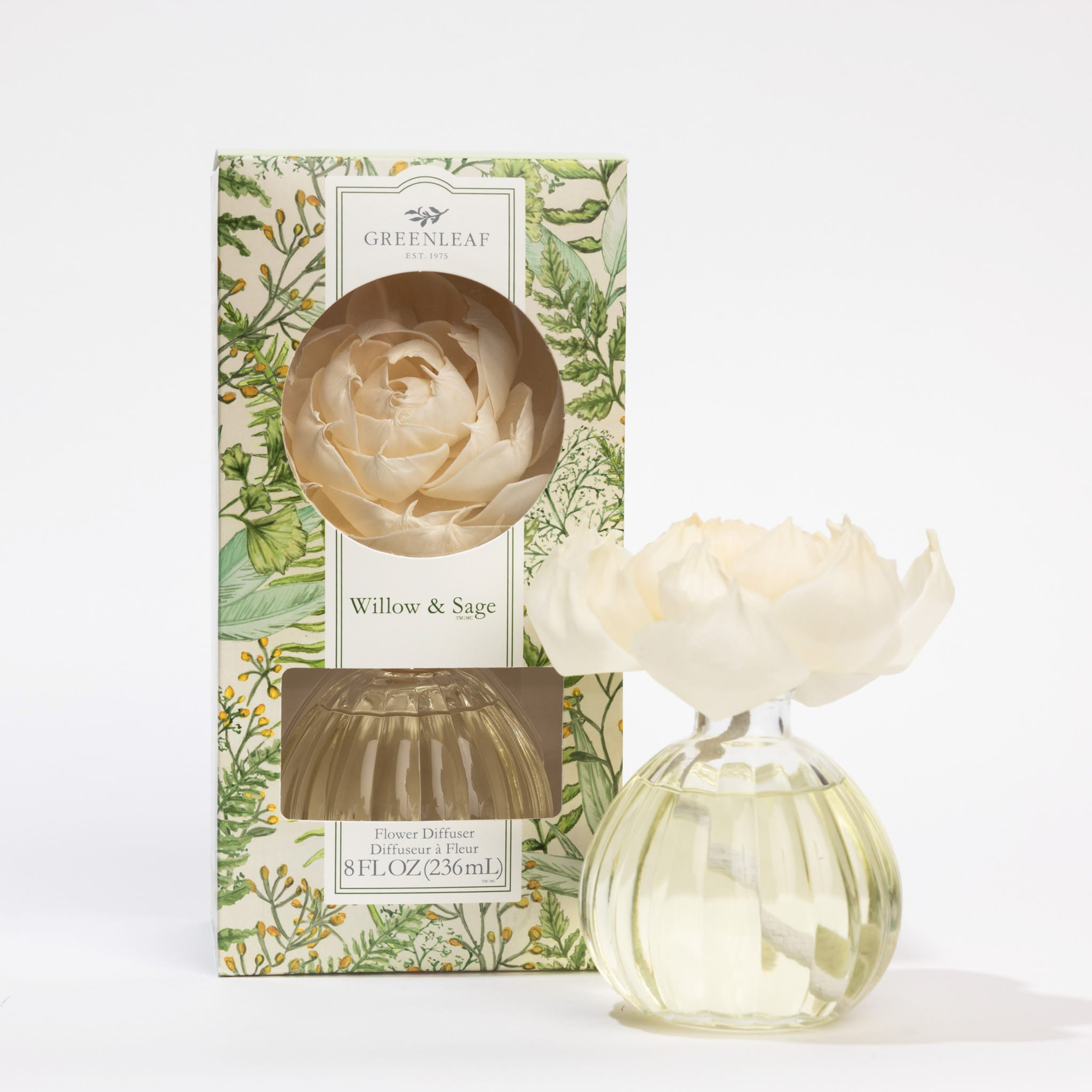 The Greenleaf Gifts Willow & Sage Flower Diffuser features an 8 oz (236 mL) glass bottle with a cream flower topper and floral-patterned box, offering a refreshing scent for up to 60 days.