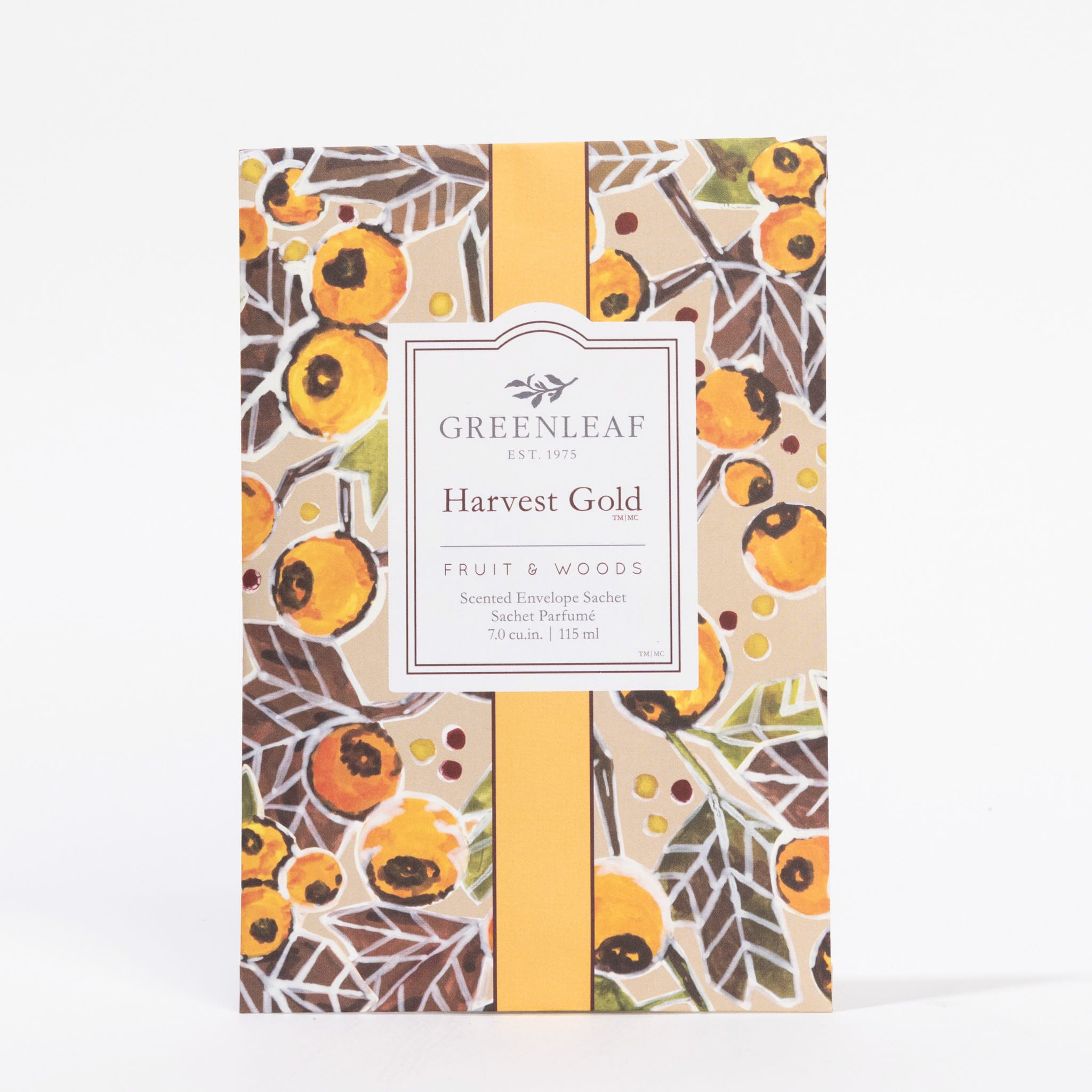 The Greenleaf Gifts Harvest Gold Sachet is a long-lasting air freshener with a fruity, woody scent. Its autumn-themed packaging features yellow, orange, and brown leaves with berries for a festive seasonal touch.