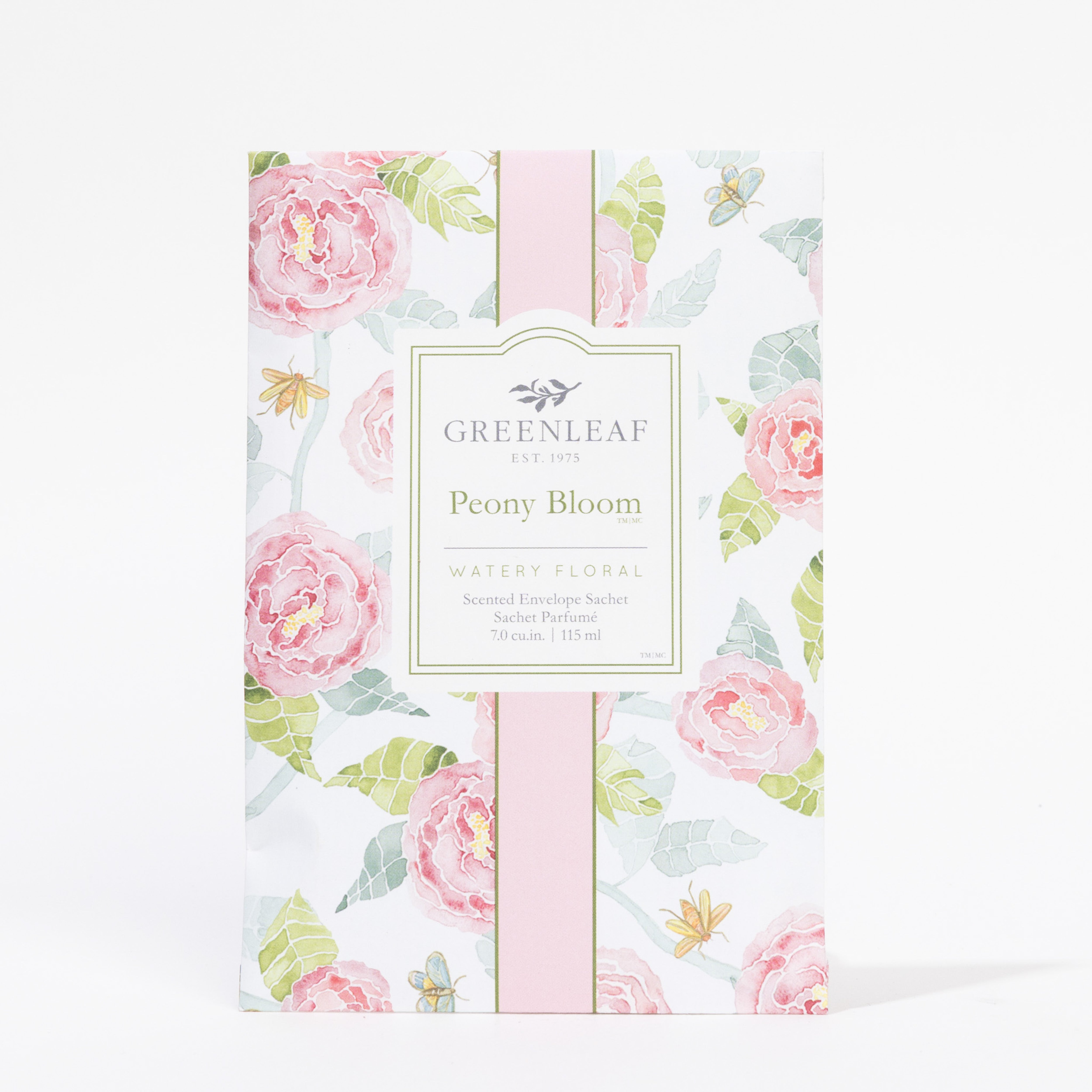 The Peony Bloom Sachet by Greenleaf Gifts features a watercolor design of pink peonies and green leaves on white. Part of the Large Sachets collection, it adds elegant fragrance and style to your home.