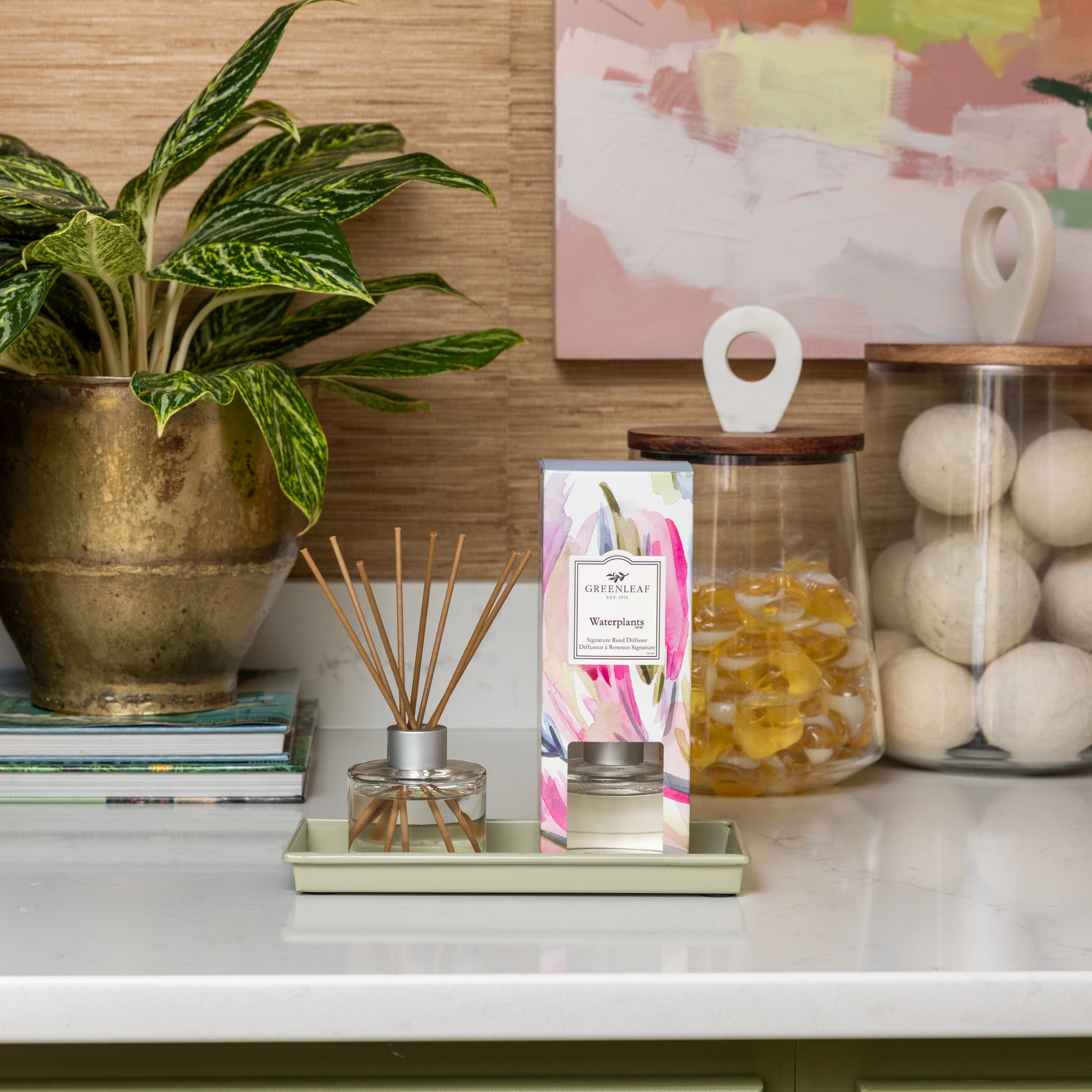 A decorative countertop displays a potted green plant, a Greenleaf Gifts Waterplants Diffuser Refill Oil with reeds in a colorful box, plus two glass jars—one holding yellow candies and the other white laundry balls—set against a beige and pink backdrop.