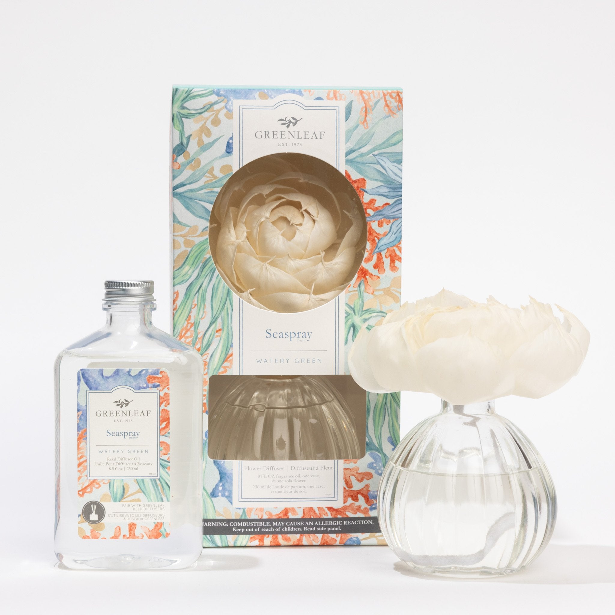 The Fast Bundle Seaspray Flower Diffuser & Fragrance Refill Oil features a floral glass vase diffuser, scented oil, and floral-patterned packaging on a white background—ideal for refreshing your space or pairing with refill oil.