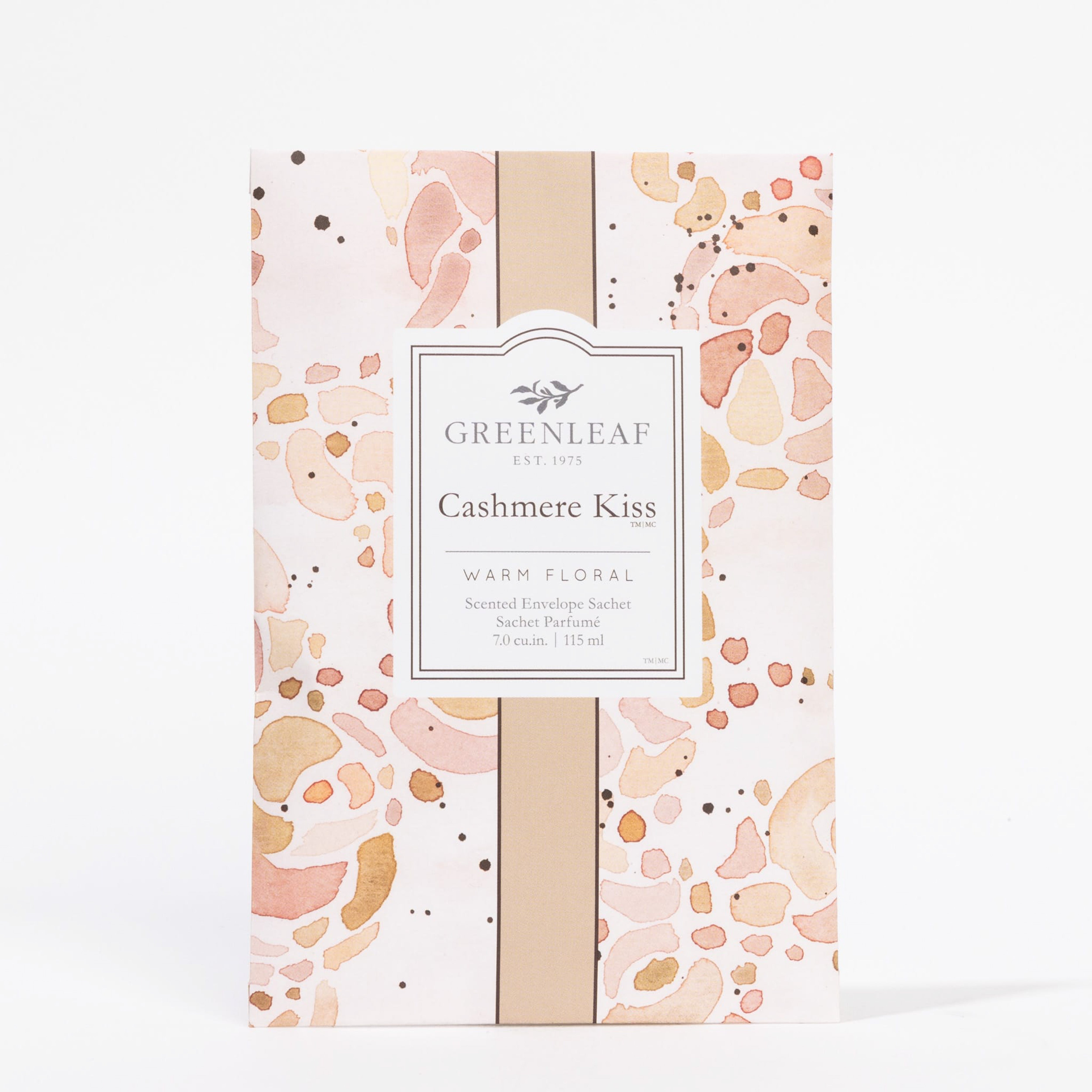 Greenleaf Cashmere Kiss sachet packaging with floral design on a white background