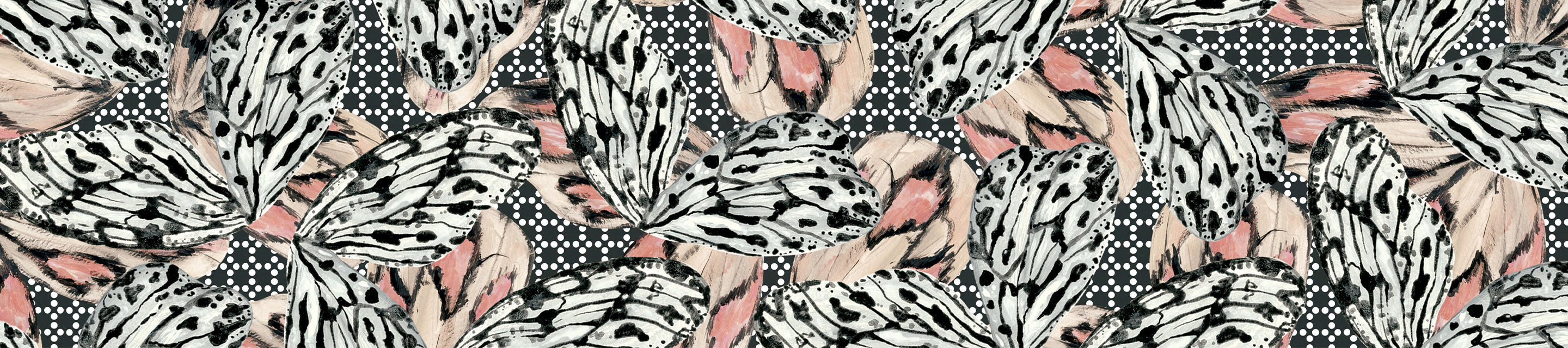 A seamless pattern of black and white butterfly wings with pink accents, layered over a background of small black and white squares.