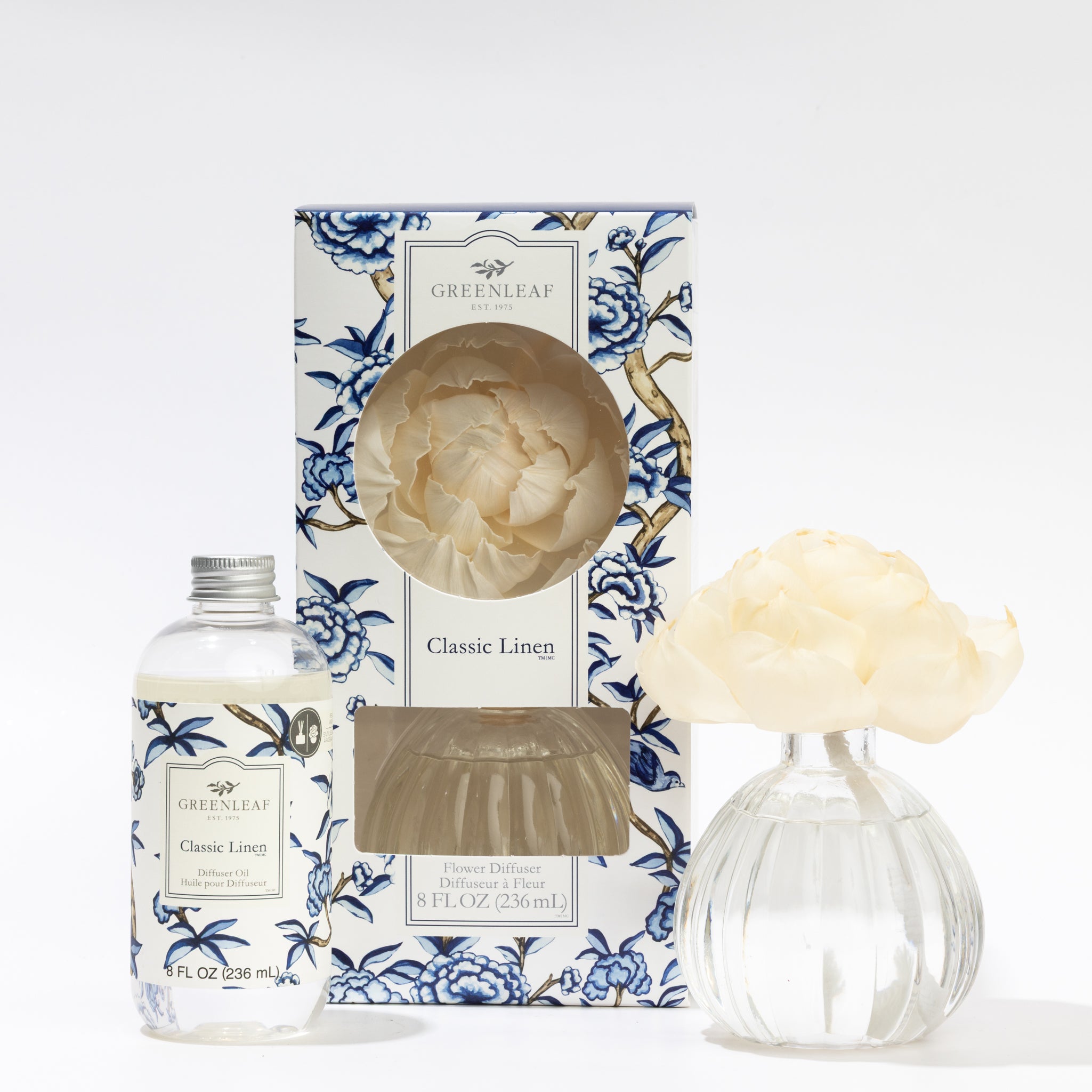 The Fast Bundle Classic Linen Flower Diffuser & Fragrance Oil Refill includes a clear glass vase with a cream artificial flower, blue and white floral gift box, and fragrance oil—ideal for adding a long-lasting scent to any space.