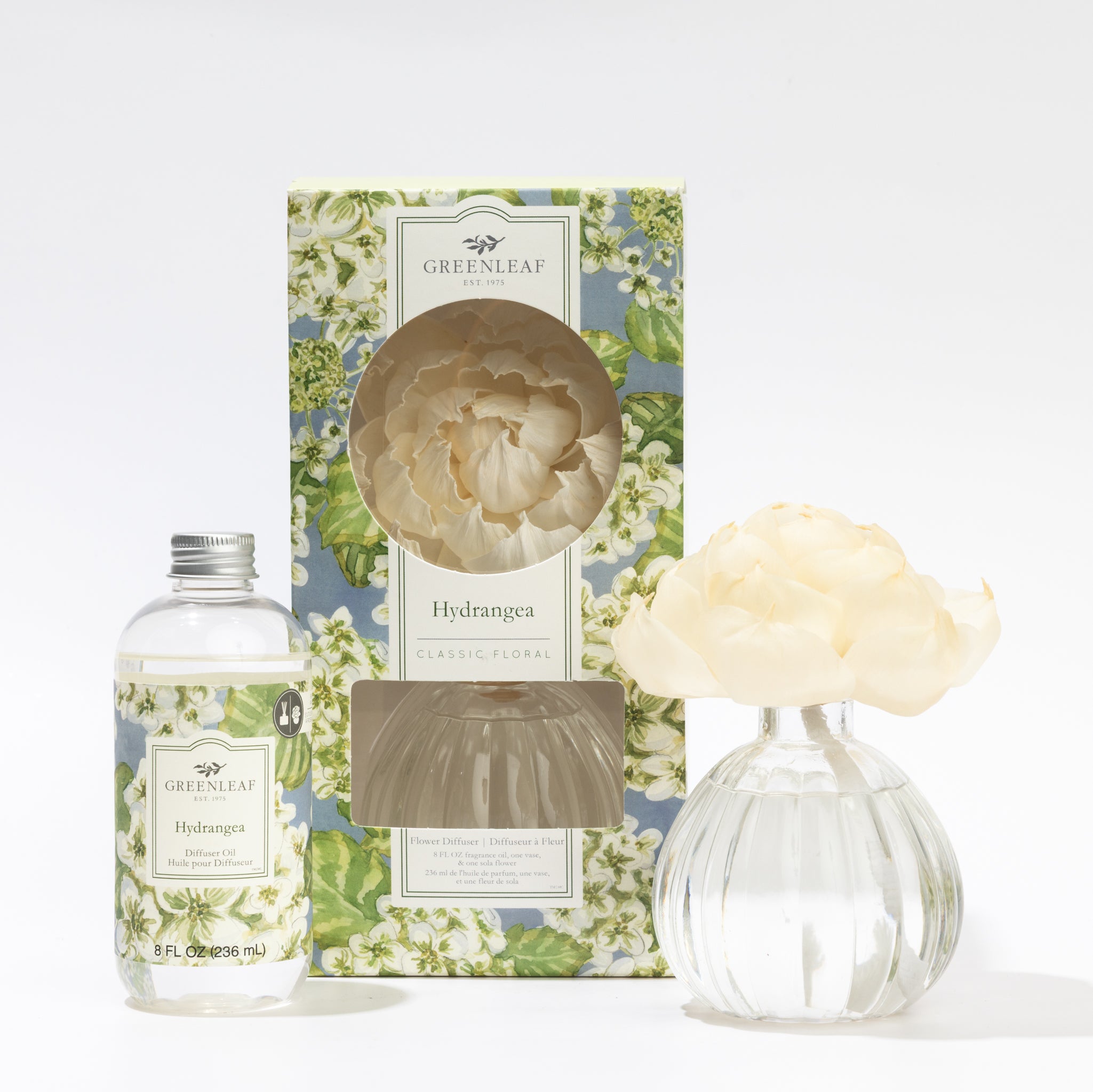 The Fast Bundle Hydrangea Flower Diffuser & Fragrance Oil Refill set features floral packaging, a clear fragrance oil bottle, and a cream-colored flower diffuser in a round glass vase—ideal for adding lasting fragrance to your space.
