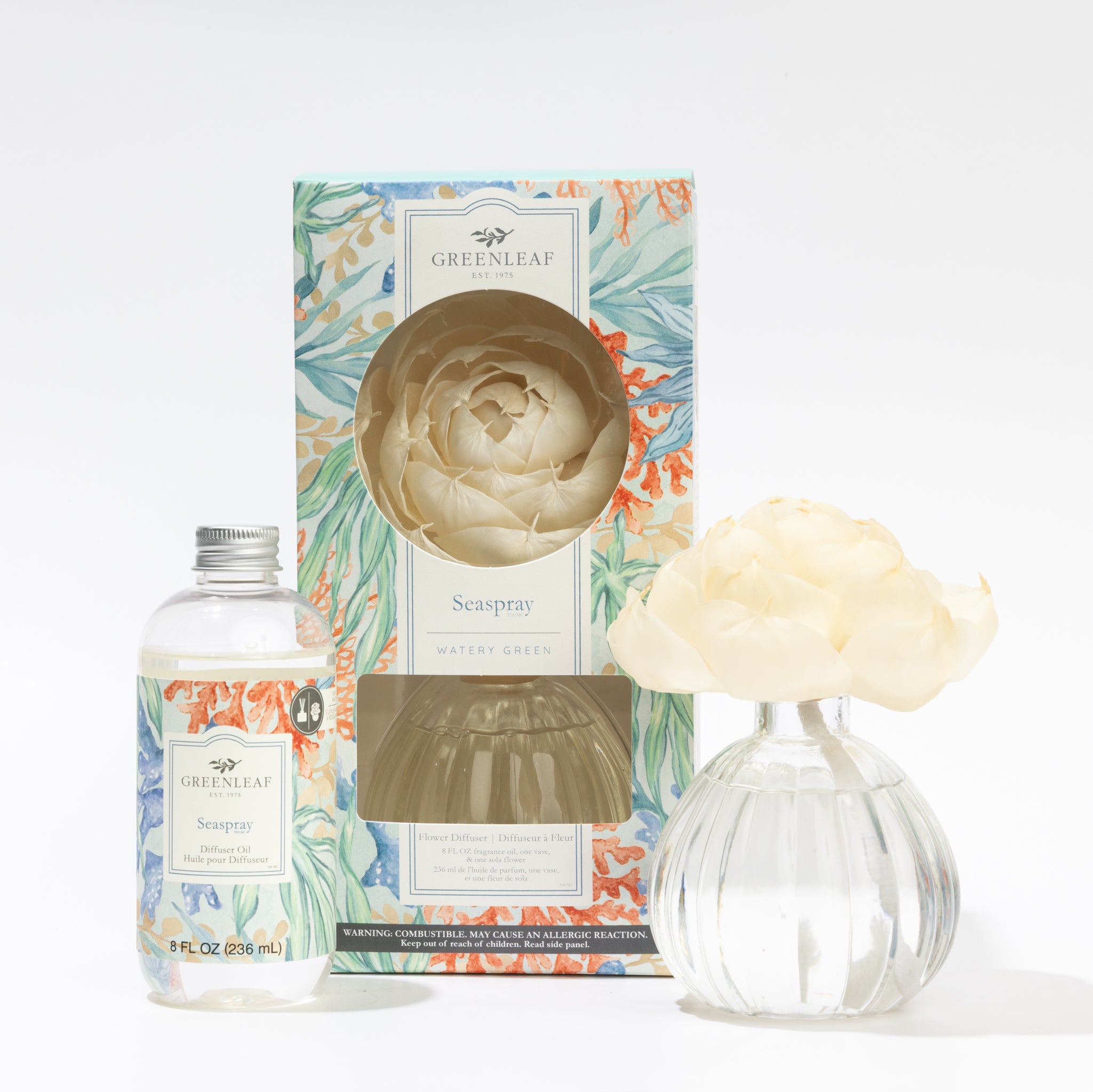 The Fast Bundle Seaspray Flower Diffuser & Fragrance Refill Oil creates a charming display—perfect as a decorative piece or for use with your favorite fragrance oil.