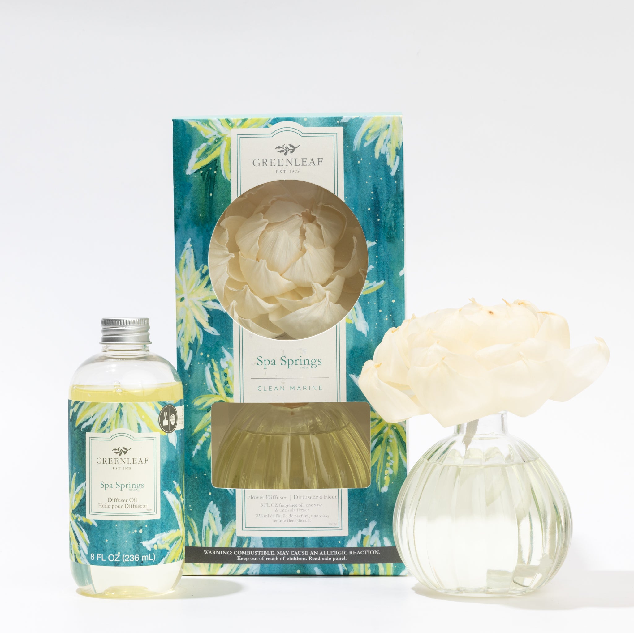 The Fast Bundle Spa Springs Flower Diffuser & Fragrance Refill Oil set features a clear vase with a white artificial flower, Greenleaf fragrance oil, and floral packaging, all displayed against a white background.