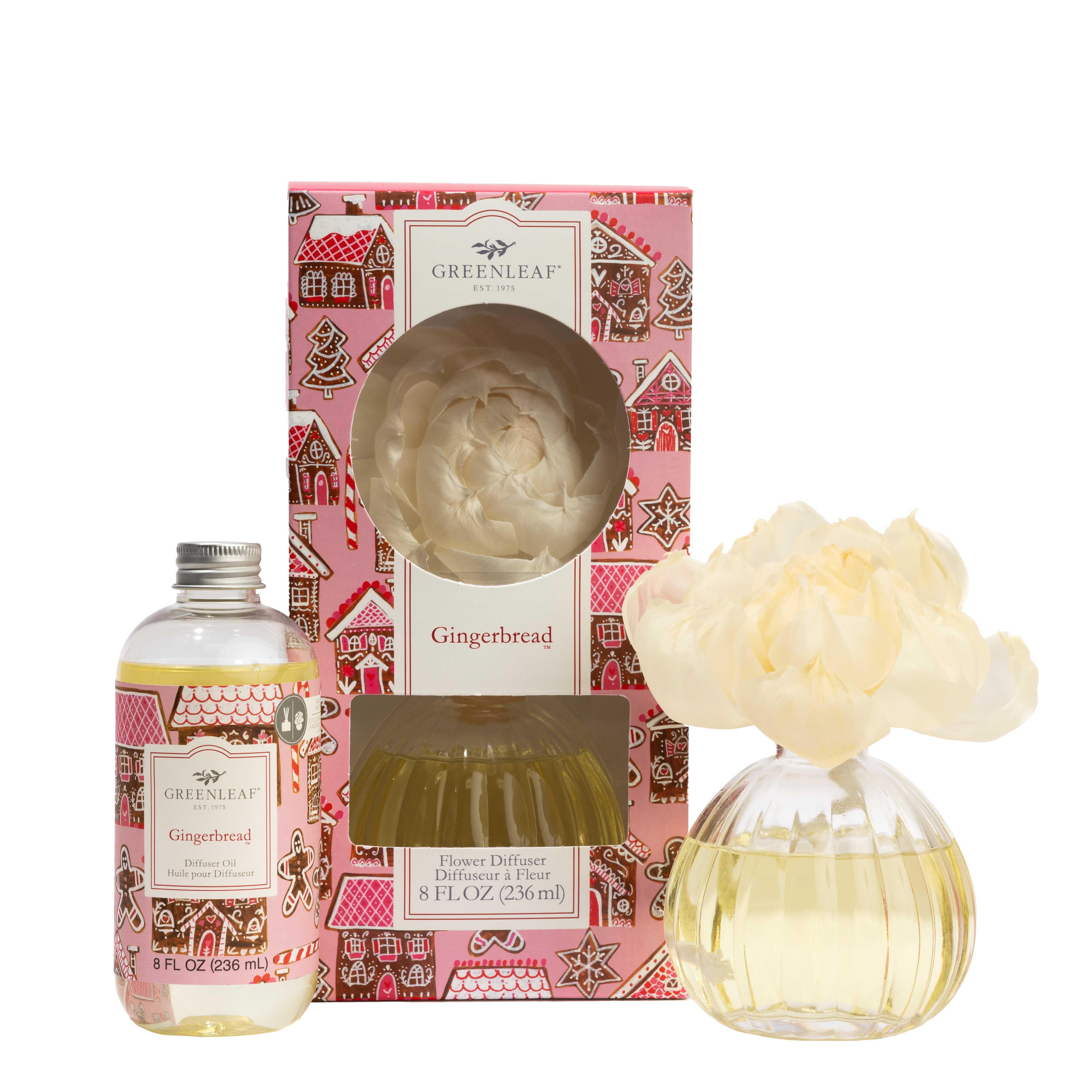 The Fast Bundle Gingerbread Flower Diffuser & Fragrance Refill Oil set features a clear bottle of scented oil, a decorative box with pink gingerbread house patterns, and a glass vase with cream-colored artificial flower reeds.