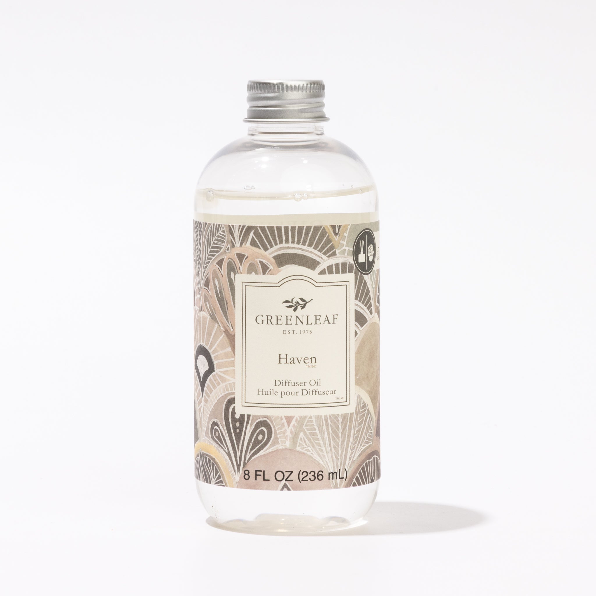 Clear plastic bottle of Haven Diffuser Oil by Greenleaf Gifts, 8 fl oz (236 ml), with a silver cap and beige-gray patterned label—perfect for use as a Reed or Flower Diffuser refill.