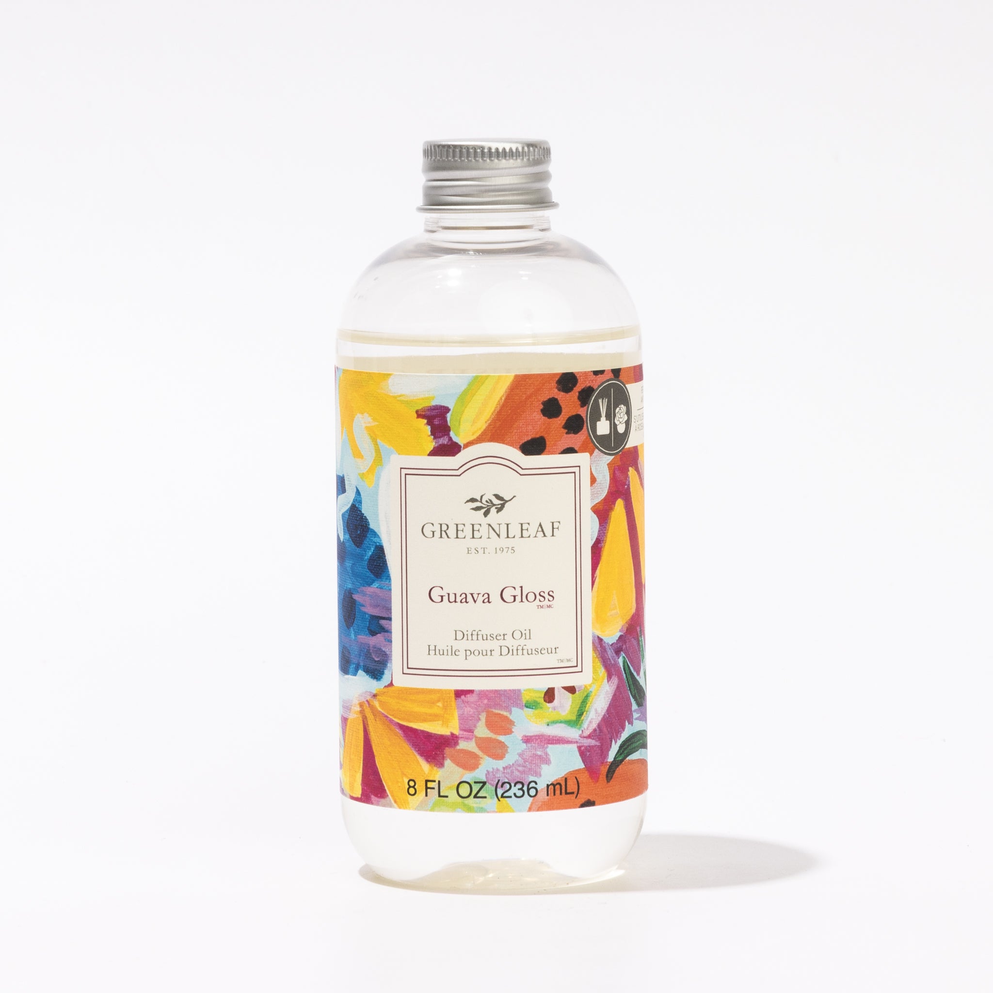Guava Gloss Diffuser Oil by Greenleaf Gifts features a colorful label and is perfect for use as diffuser oil or with your Greenleaf Flower Diffuser.